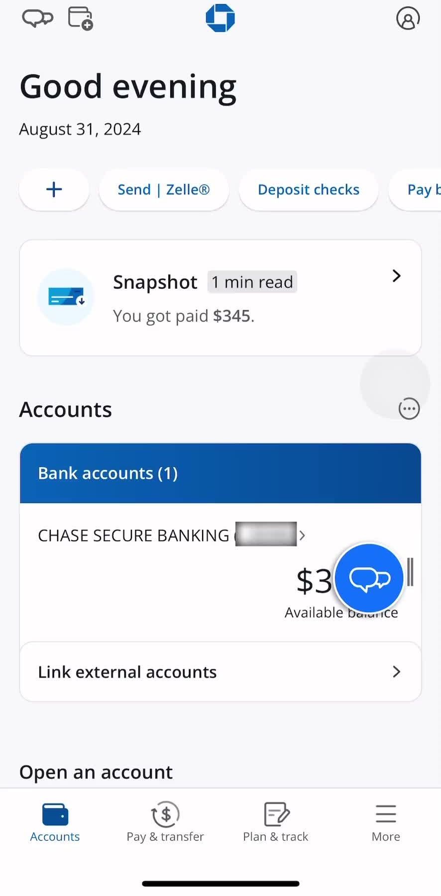 Chase Accounts screen in the Changing Password flow