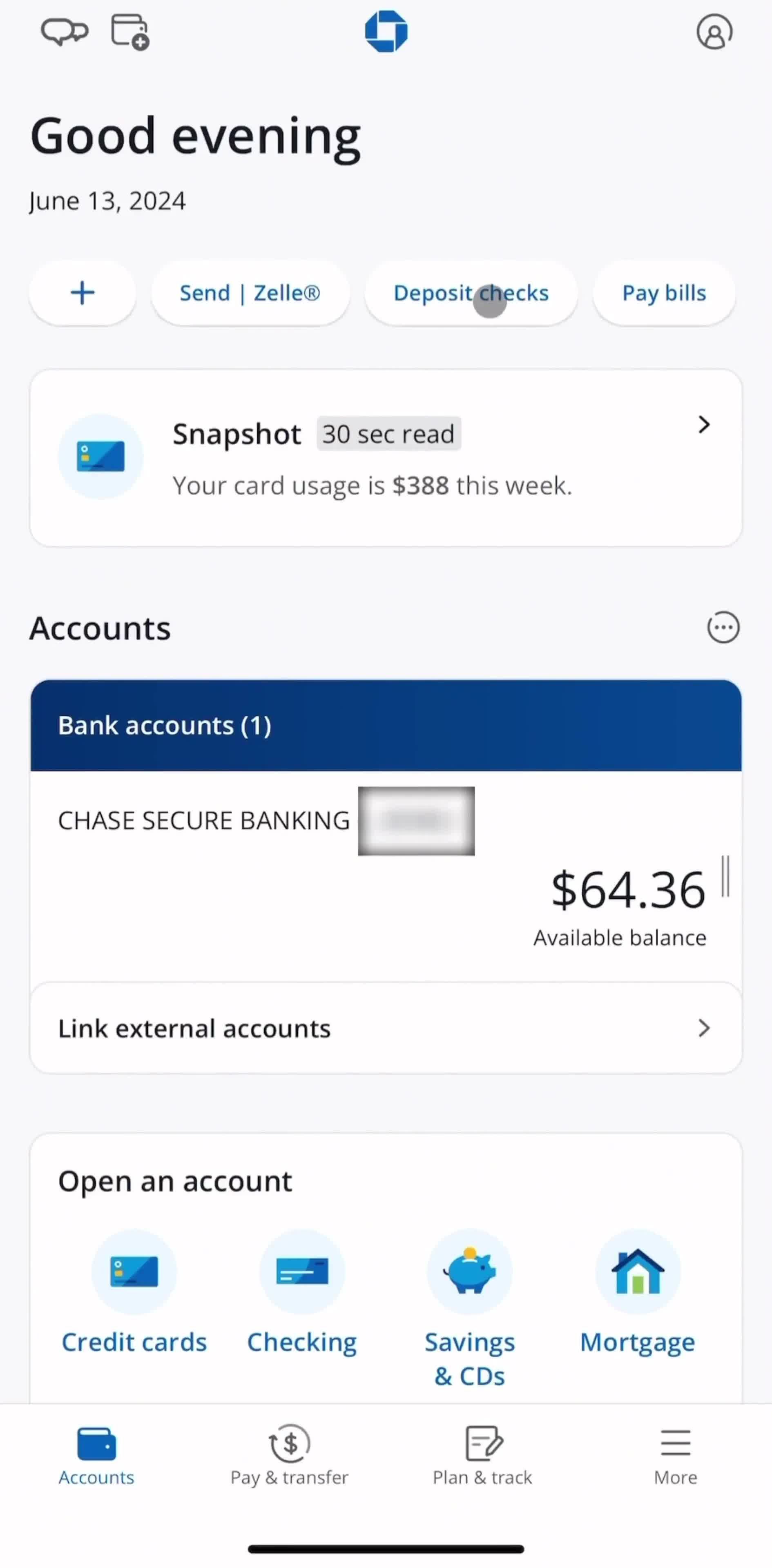 Chase Accounts screen in the Depositing Checks flow