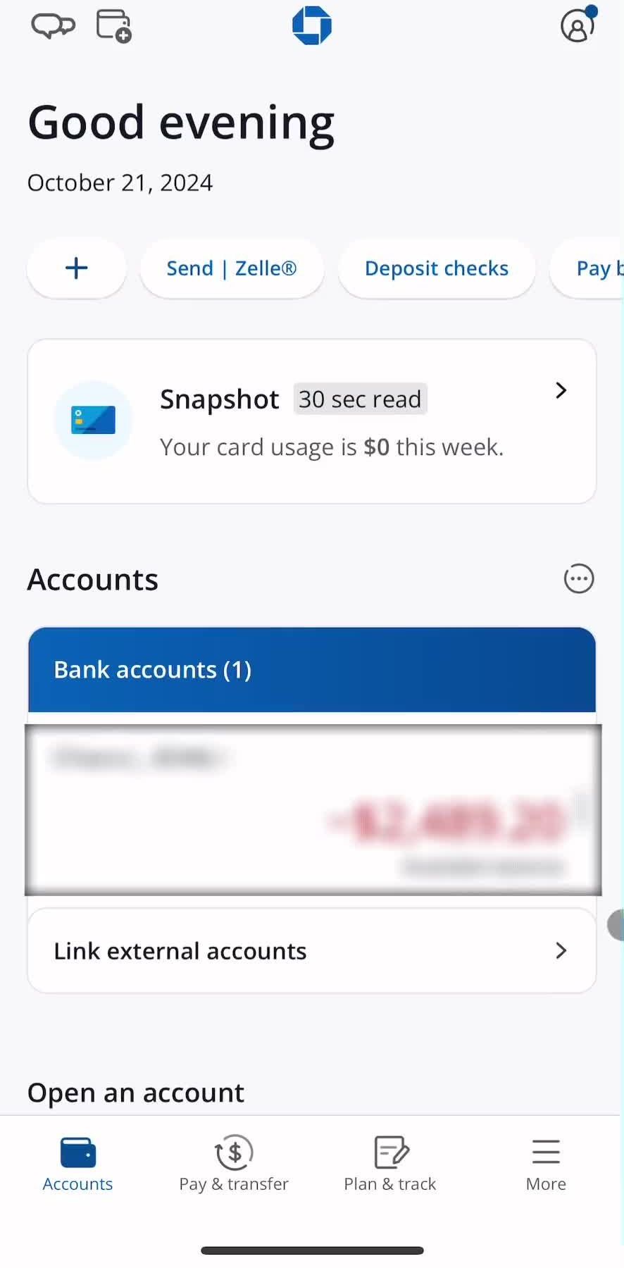 Chase Accounts screen in the Giving Feedback flow