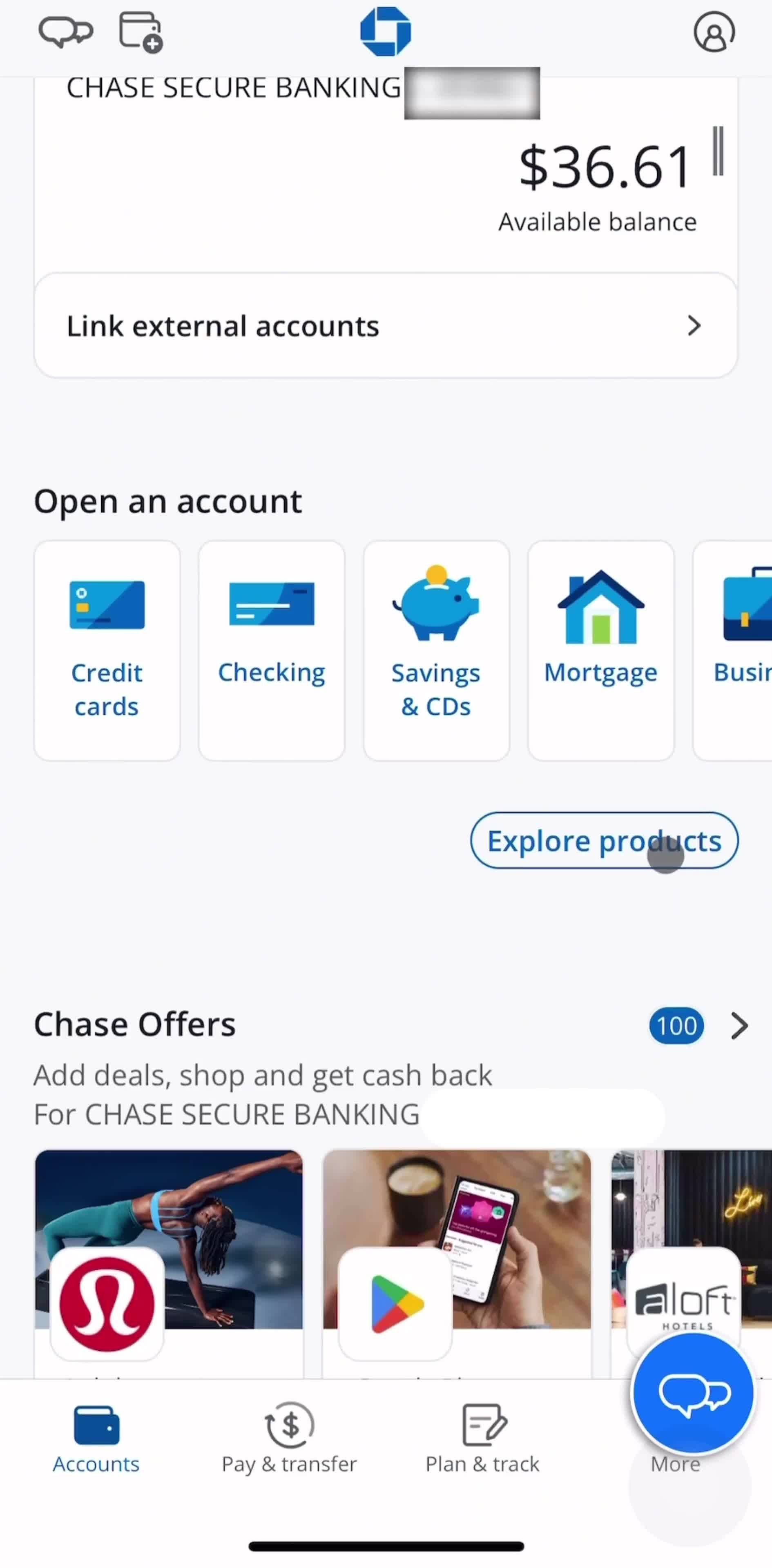 Chase Accounts screen in the Investing flow
