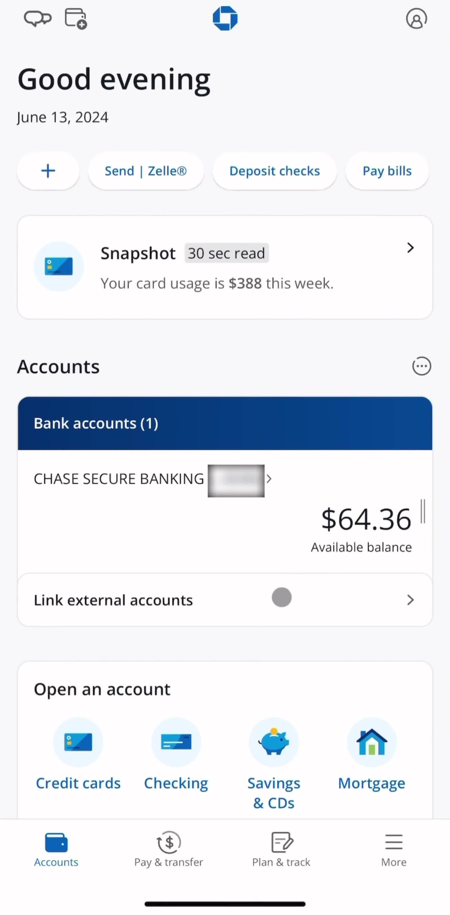 Chase Accounts screen in the Linking External Accounts flow