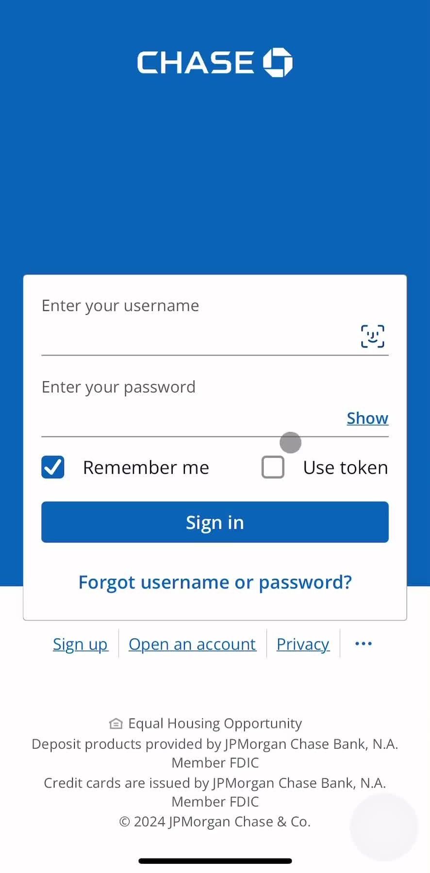 Chase Login screen in the Logging In flow