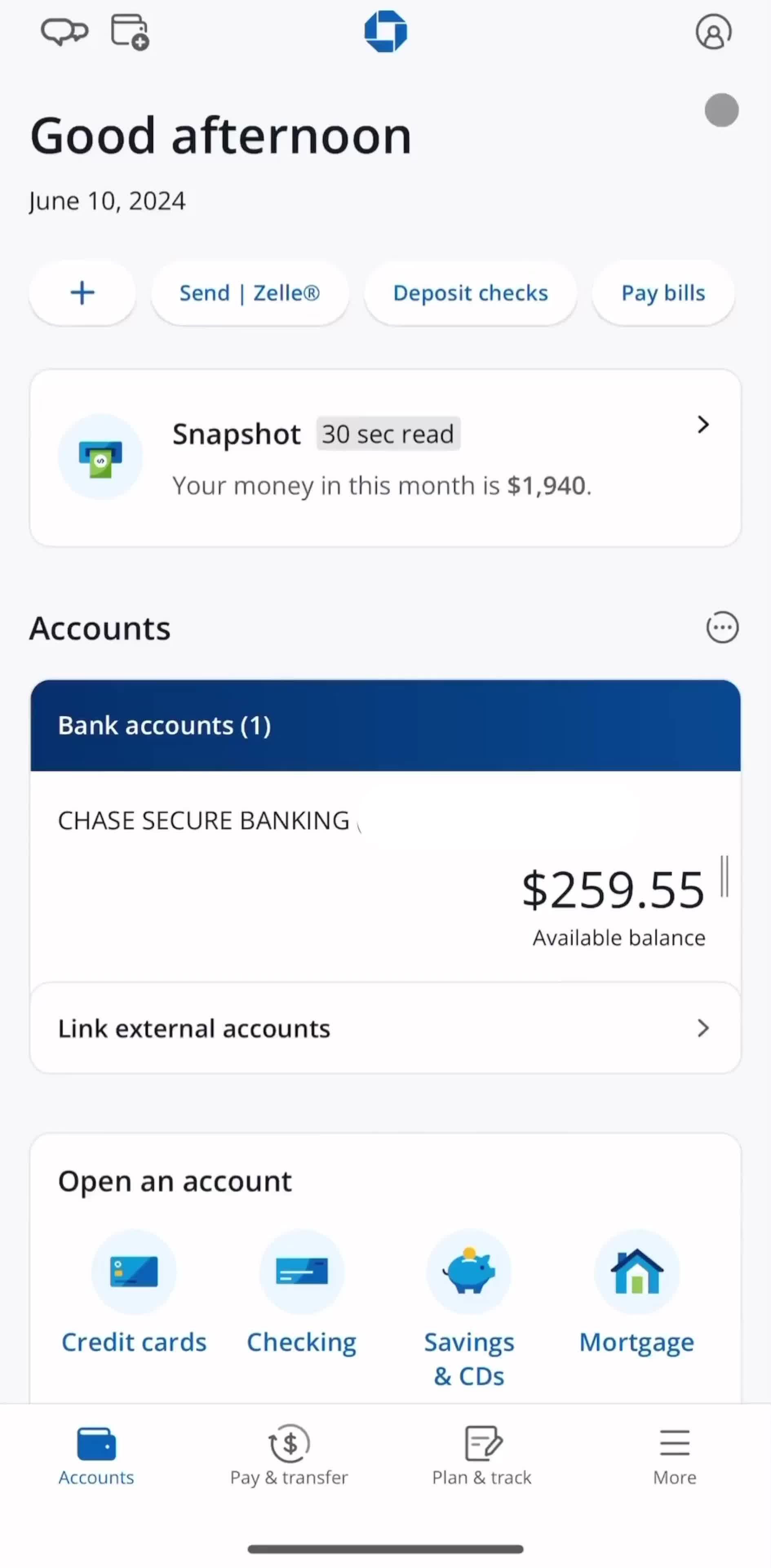Chase Accounts screen in the Notification Settings flow