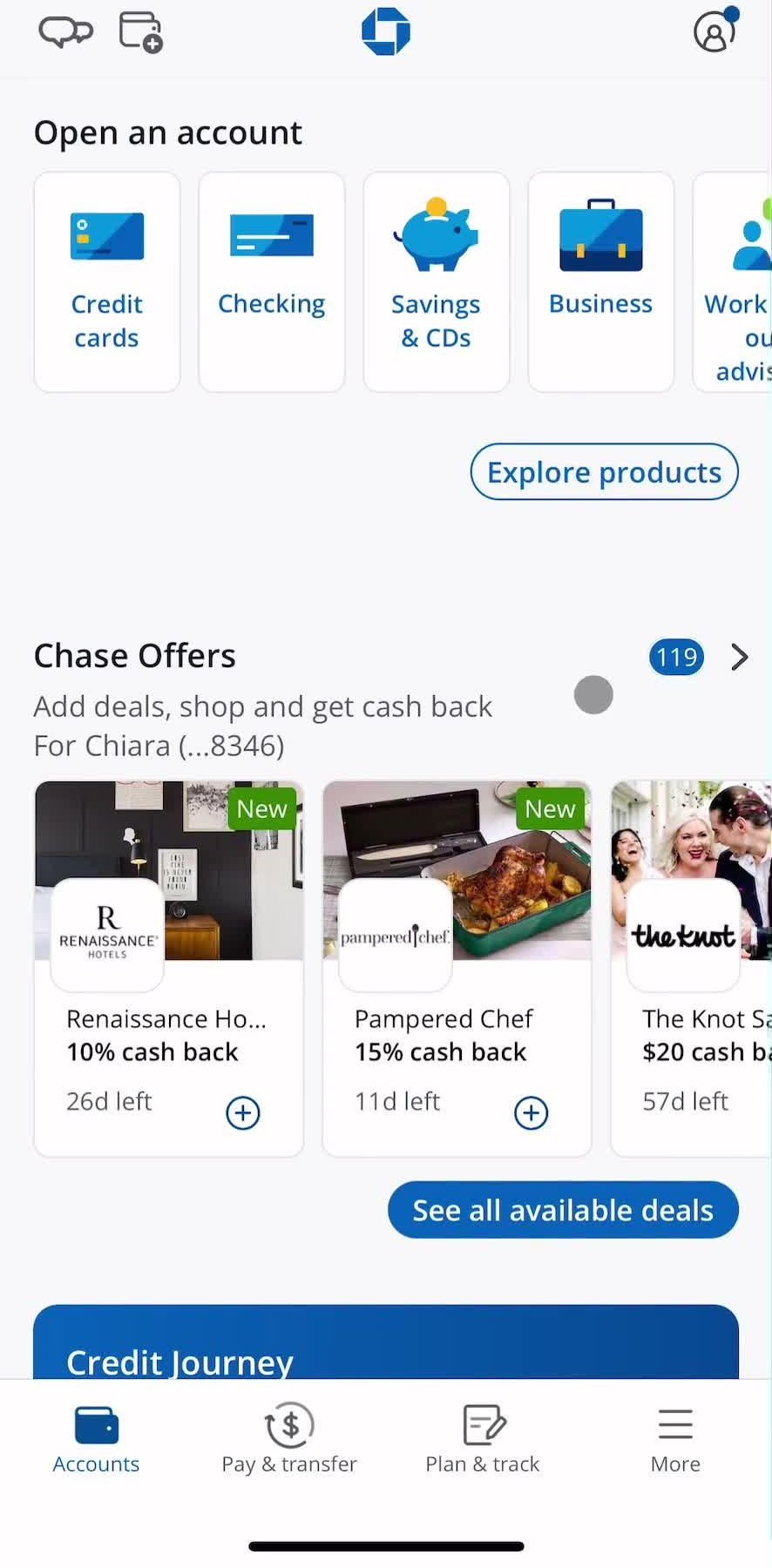 Chase Accounts screen in the Offers flow