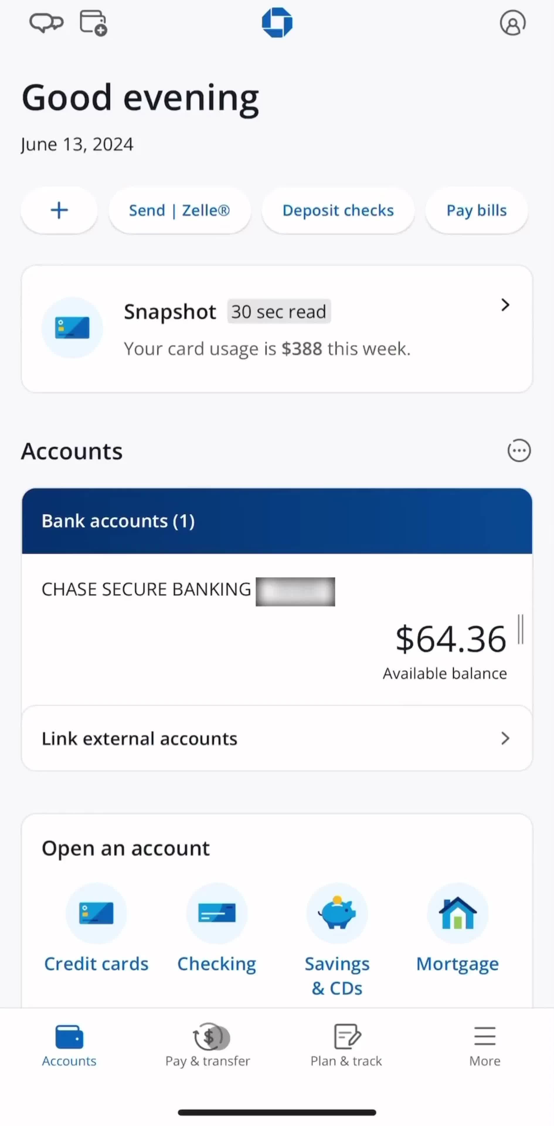 Chase Accounts screen in the Paying flow