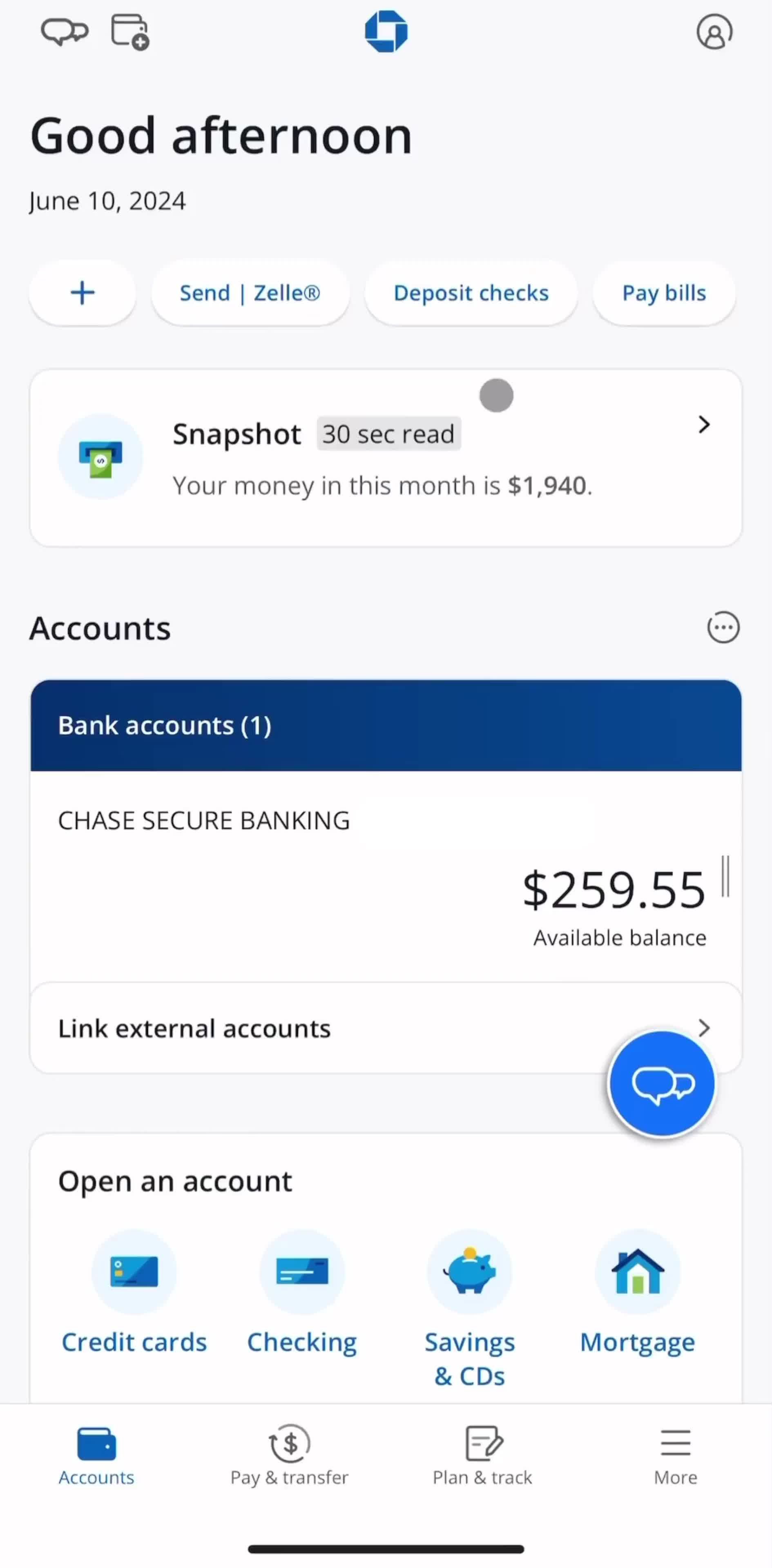 Chase Accounts screen in the Privacy Settings flow