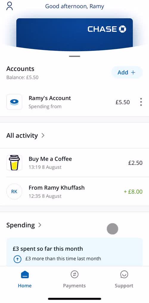Chase Home screen in the Sending Currency flow