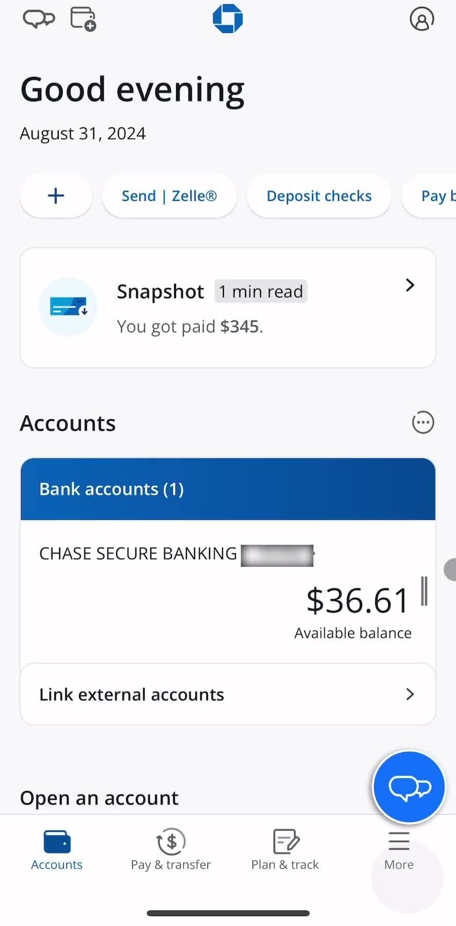 Chase Accounts screen in the Spendings flow