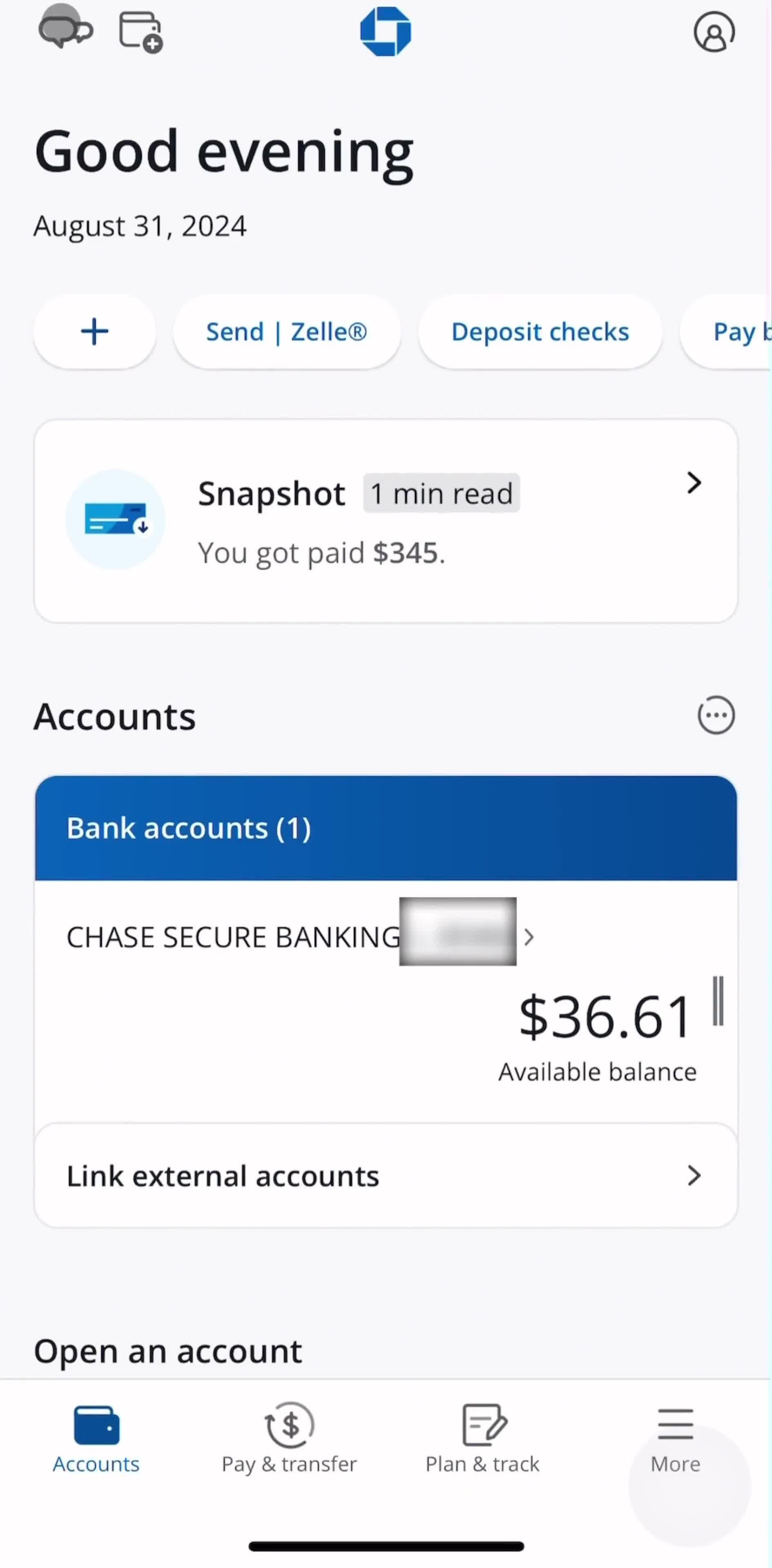 Chase Accounts screen in the Support flow