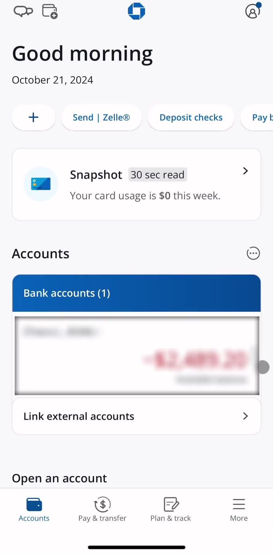 Chase Accounts screen in the Unlocking A Card flow