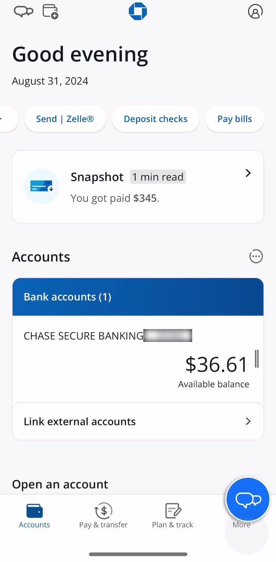 Chase Accounts screen in the Updating Your Profile flow