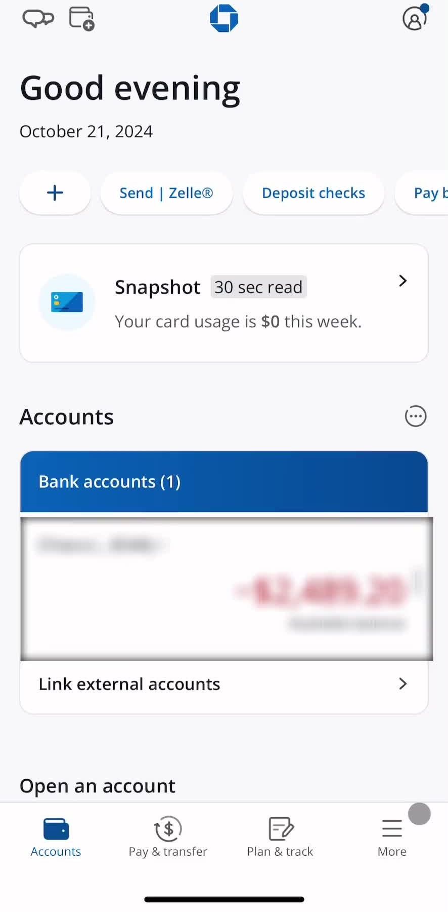 Chase Accounts screen in the Viewing Snapshot flow