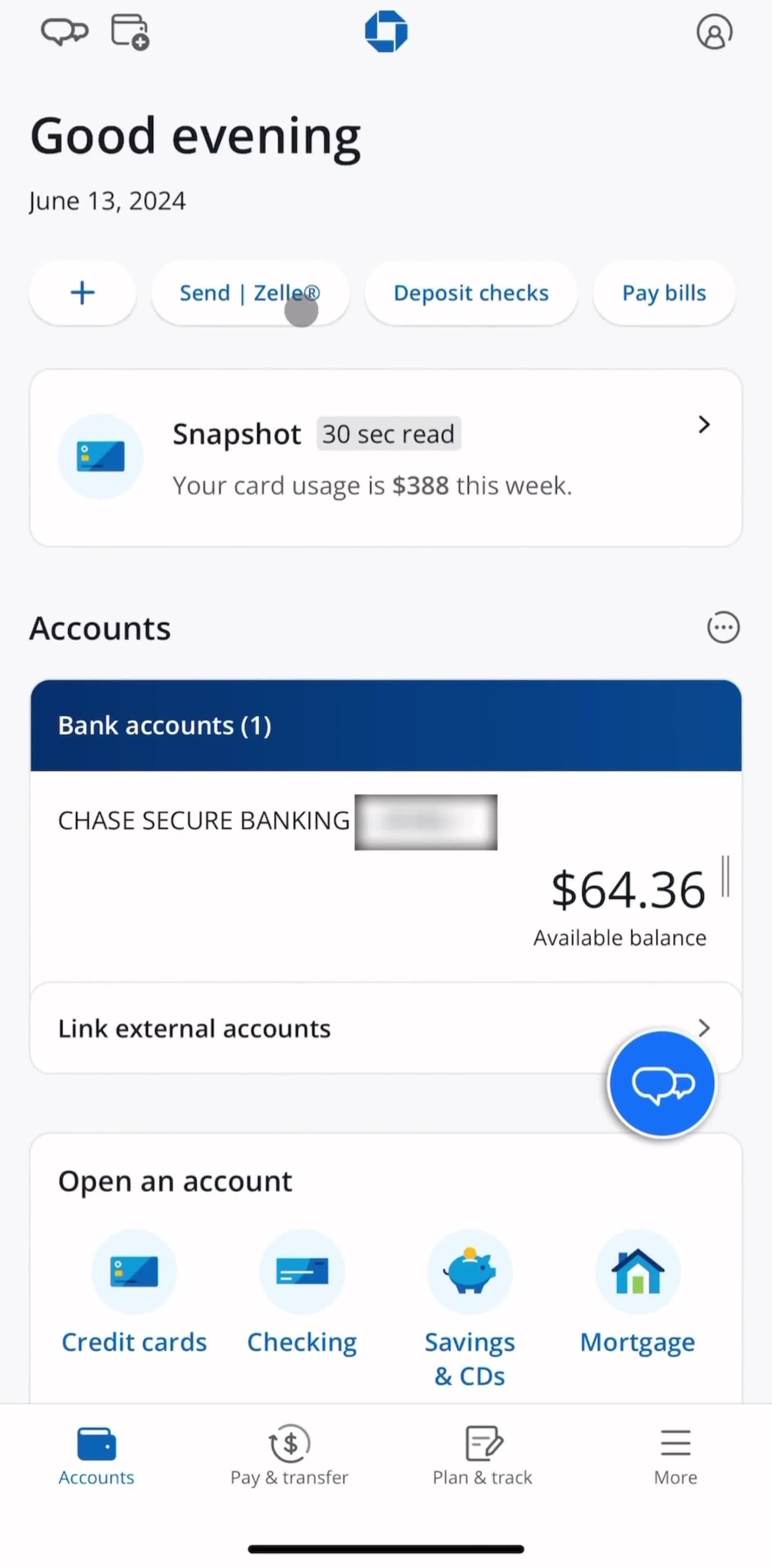 Chase Accounts screen in the Zelle Settings flow