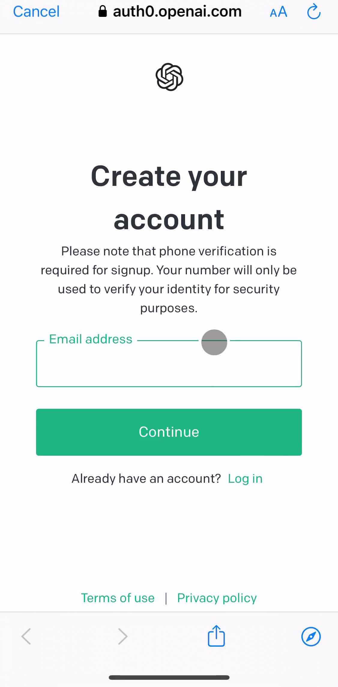 Chat Gpt Sign up with email screen in the Onboarding flow