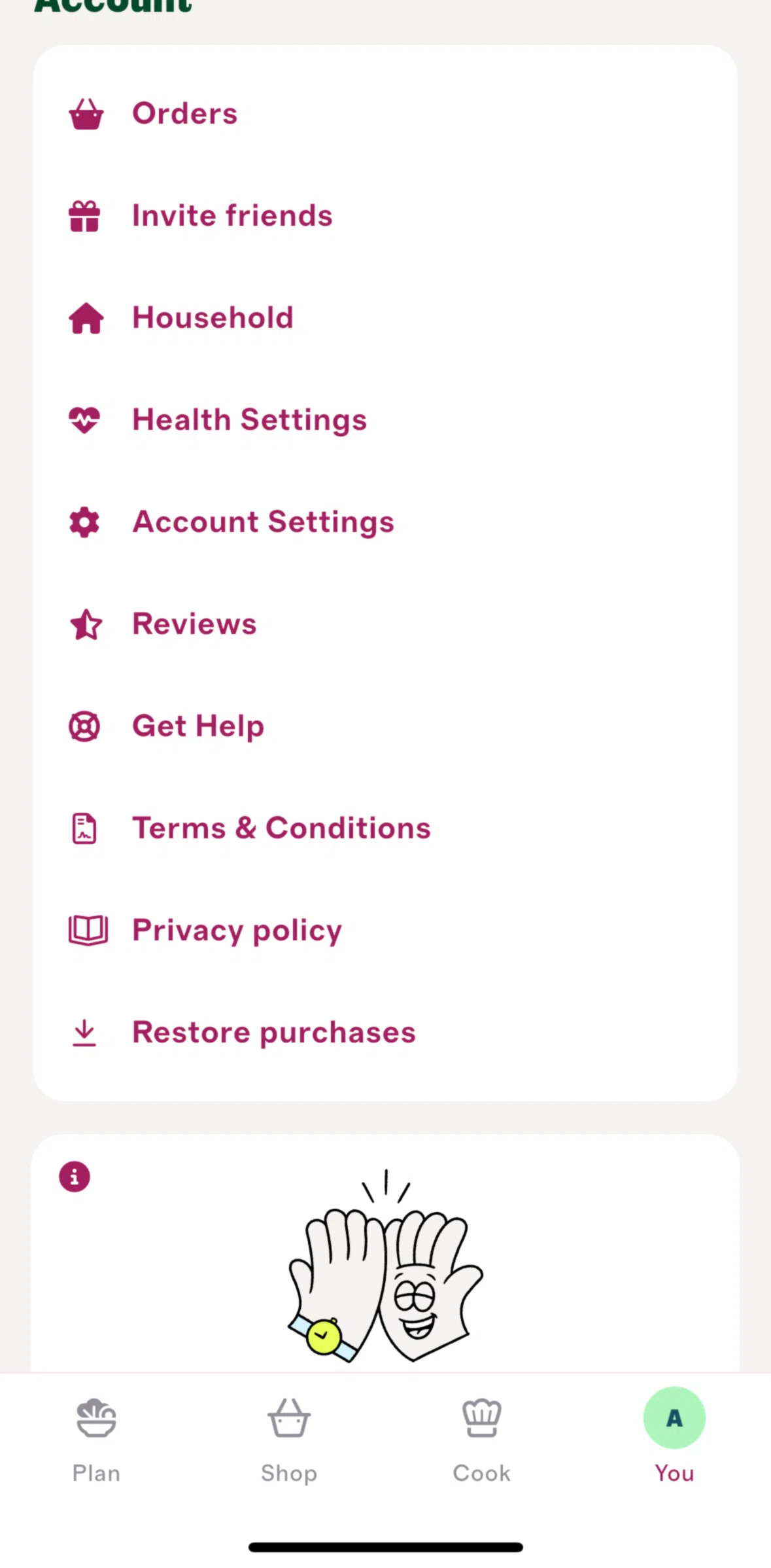 Cherrypick Screen screen in the Account settings flow