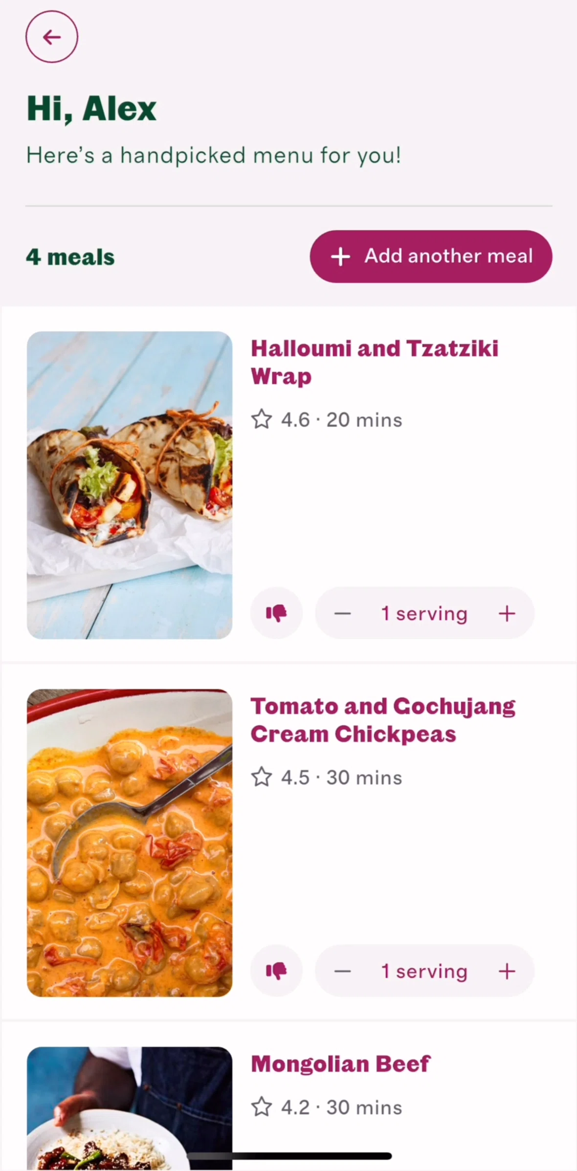 Cherrypick Screen screen in the Adding another meal flow