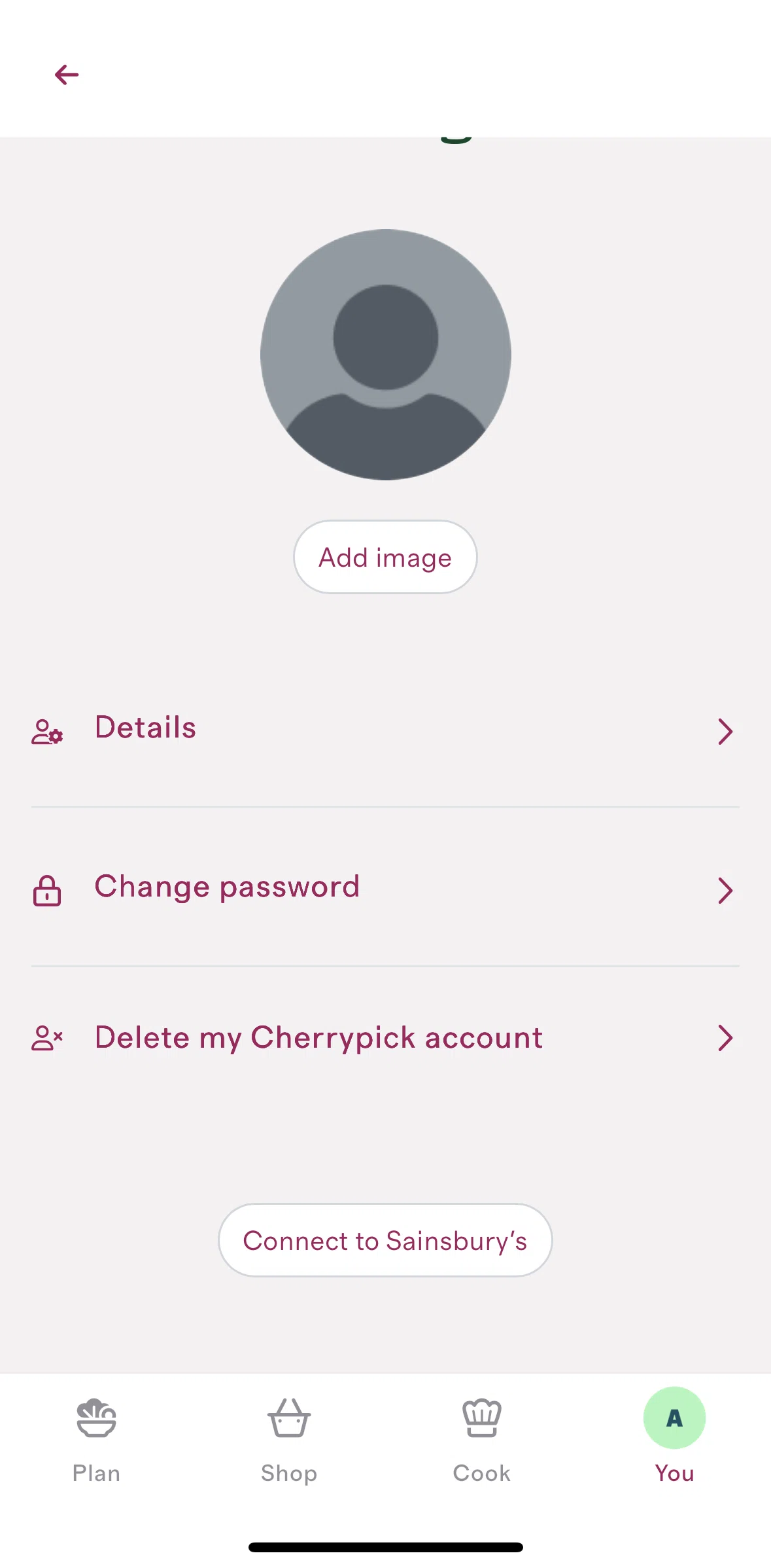 Cherrypick Screen screen in the Connect to Sainsbury's flow