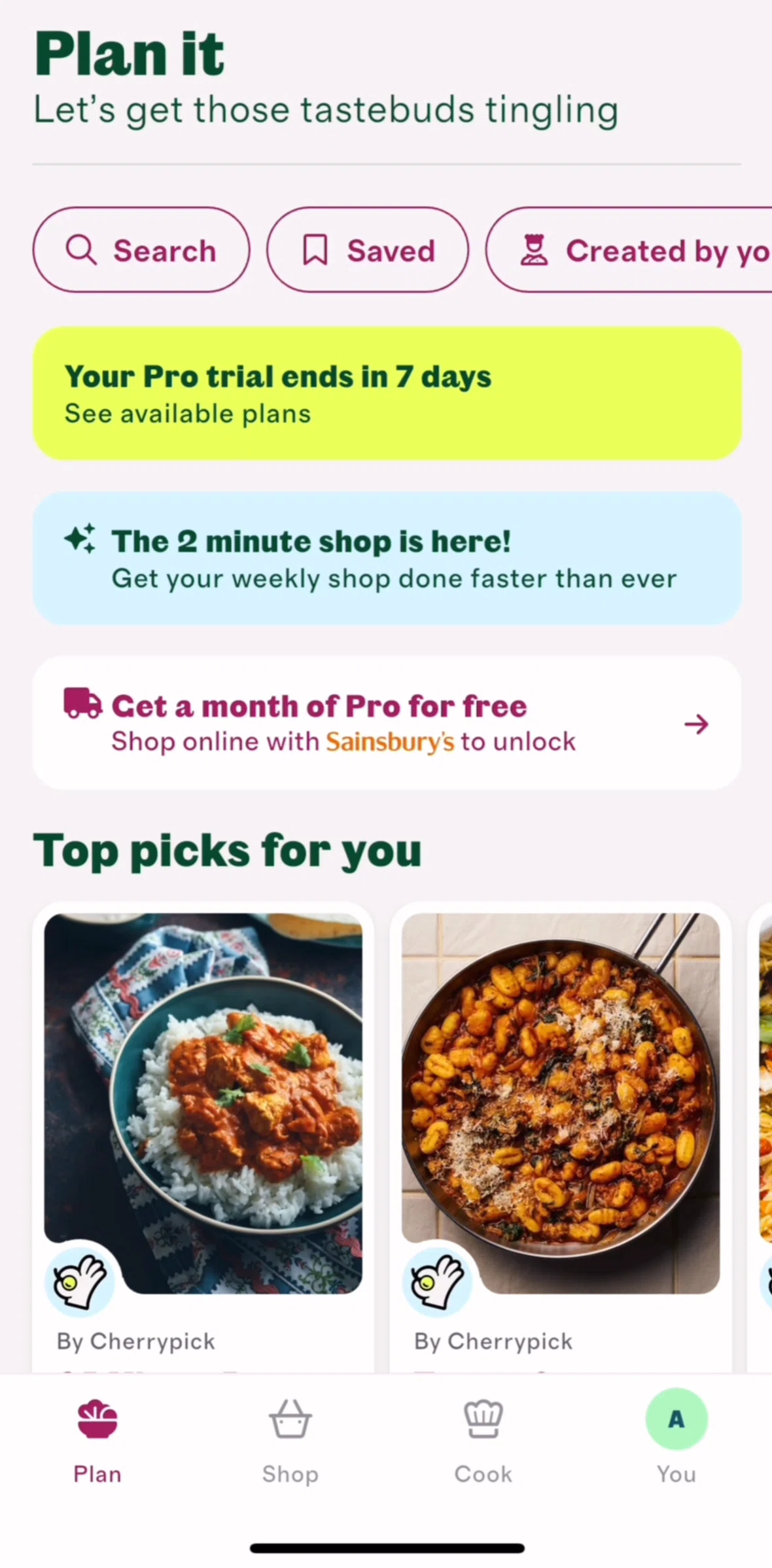 Cherrypick Screen screen in the Cook flow