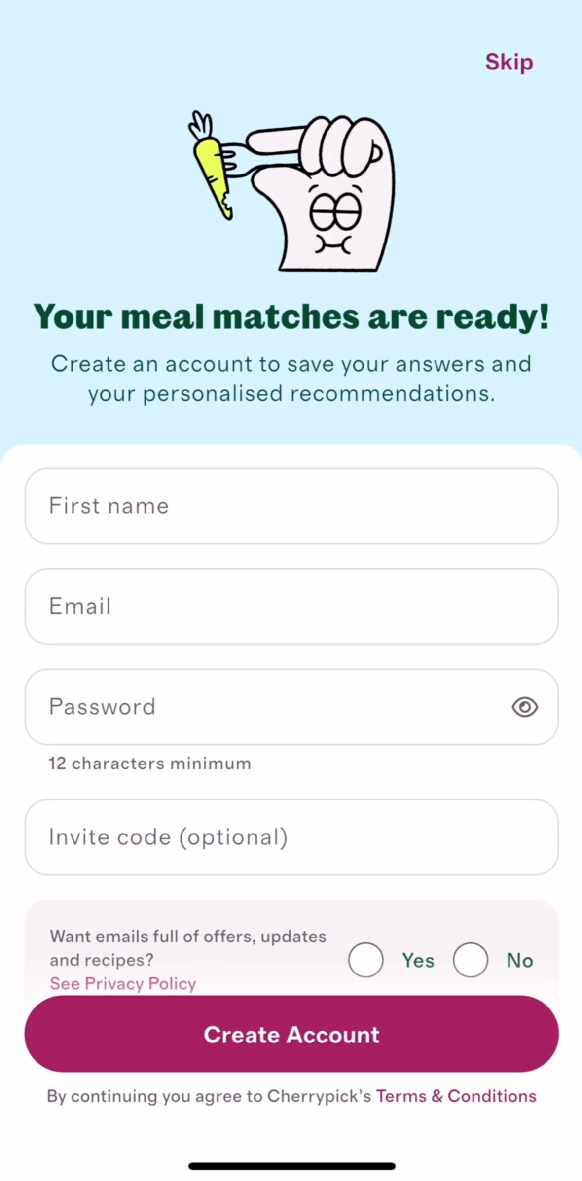 Cherrypick Screen screen in the Creating an account flow