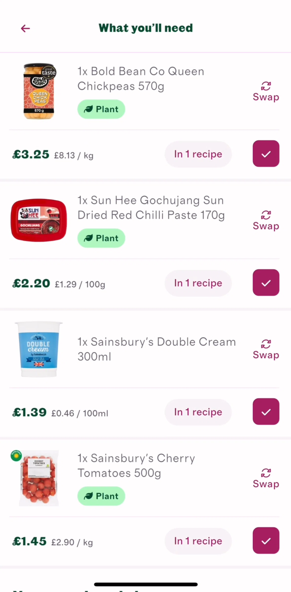 Cherrypick Screen screen in the Ingredient information flow