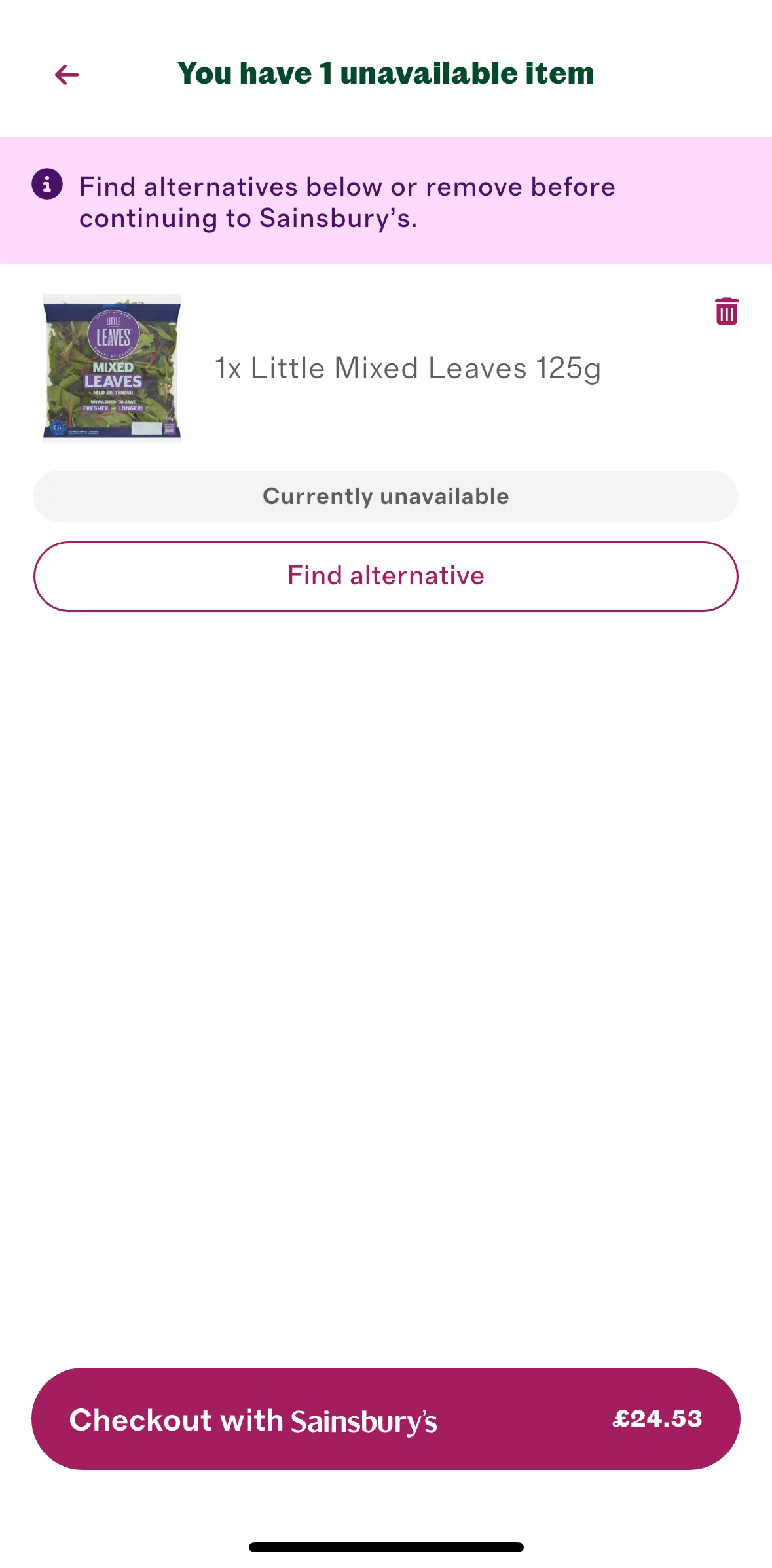 Cherrypick Screen screen in the Removing an ingredient flow