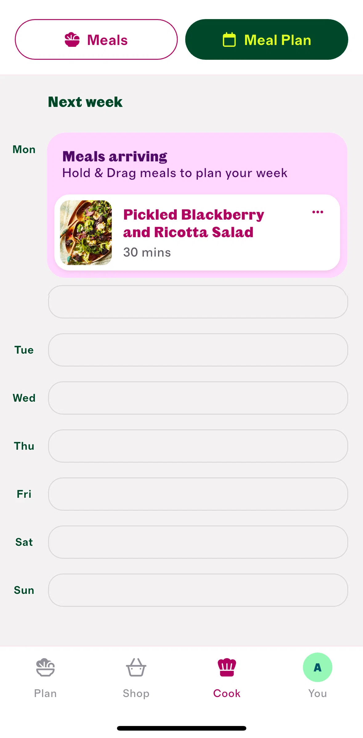 Cherrypick Screen screen in the Reordering meal plan flow