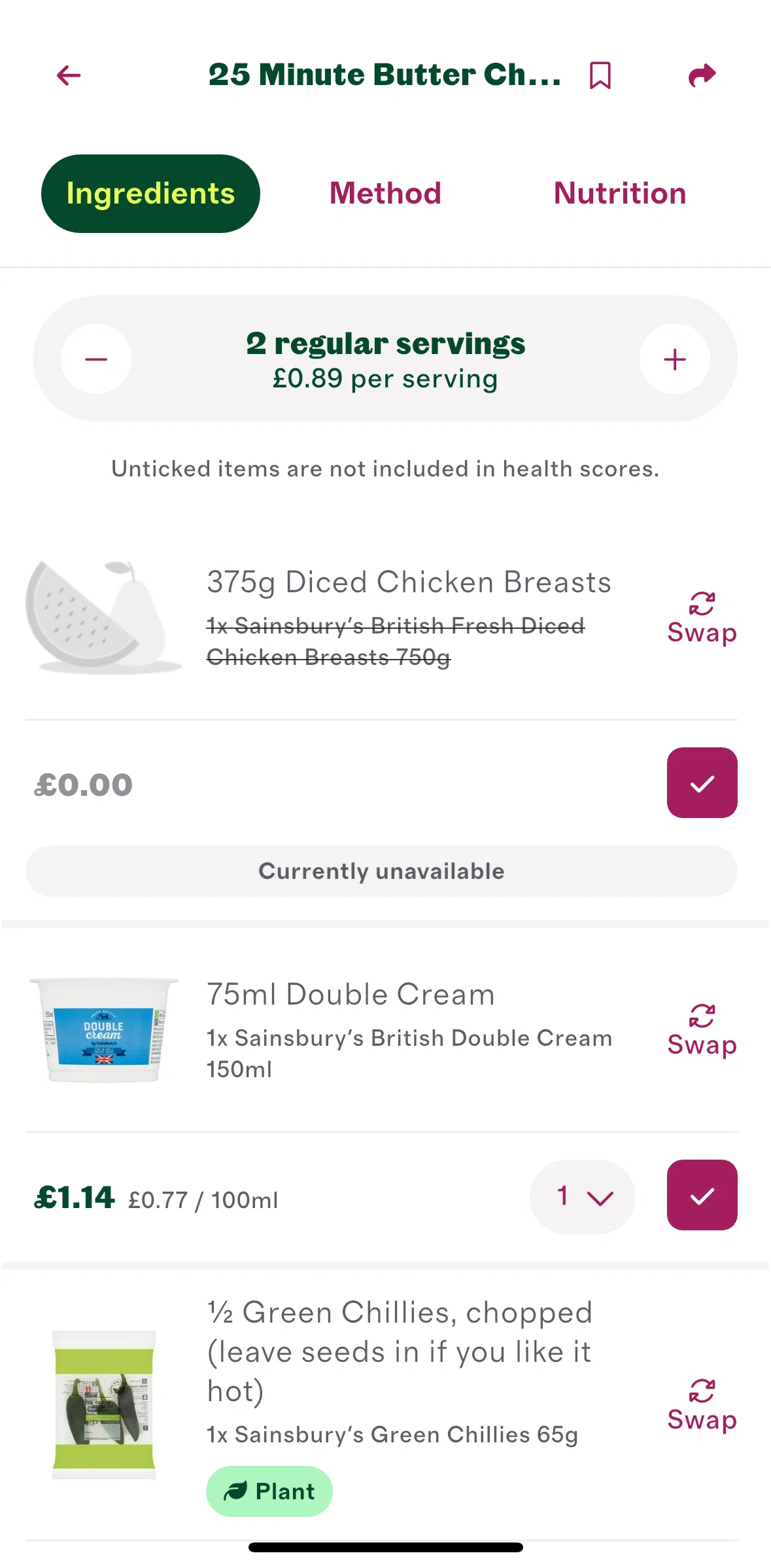 Cherrypick Screen screen in the Swapping an ingredient flow