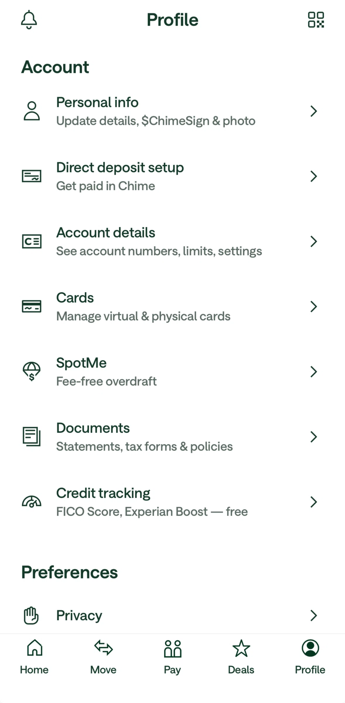 Chime Screen 1 screen in the Account detail flow