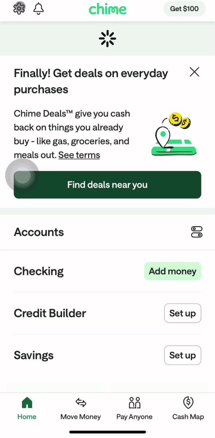 Chime Home screen in the Account Settings flow