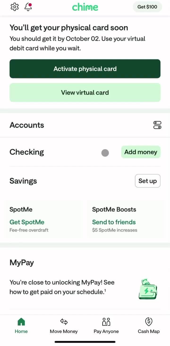 Chime Home screen in the Activating Card flow