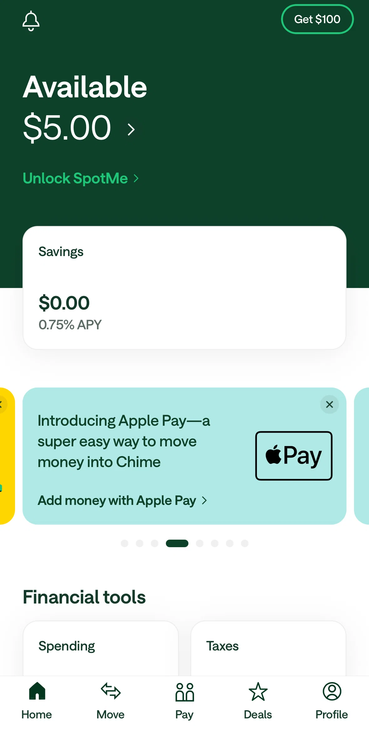 Chime Screen 1 screen in the Adding money with Apple Pay flow