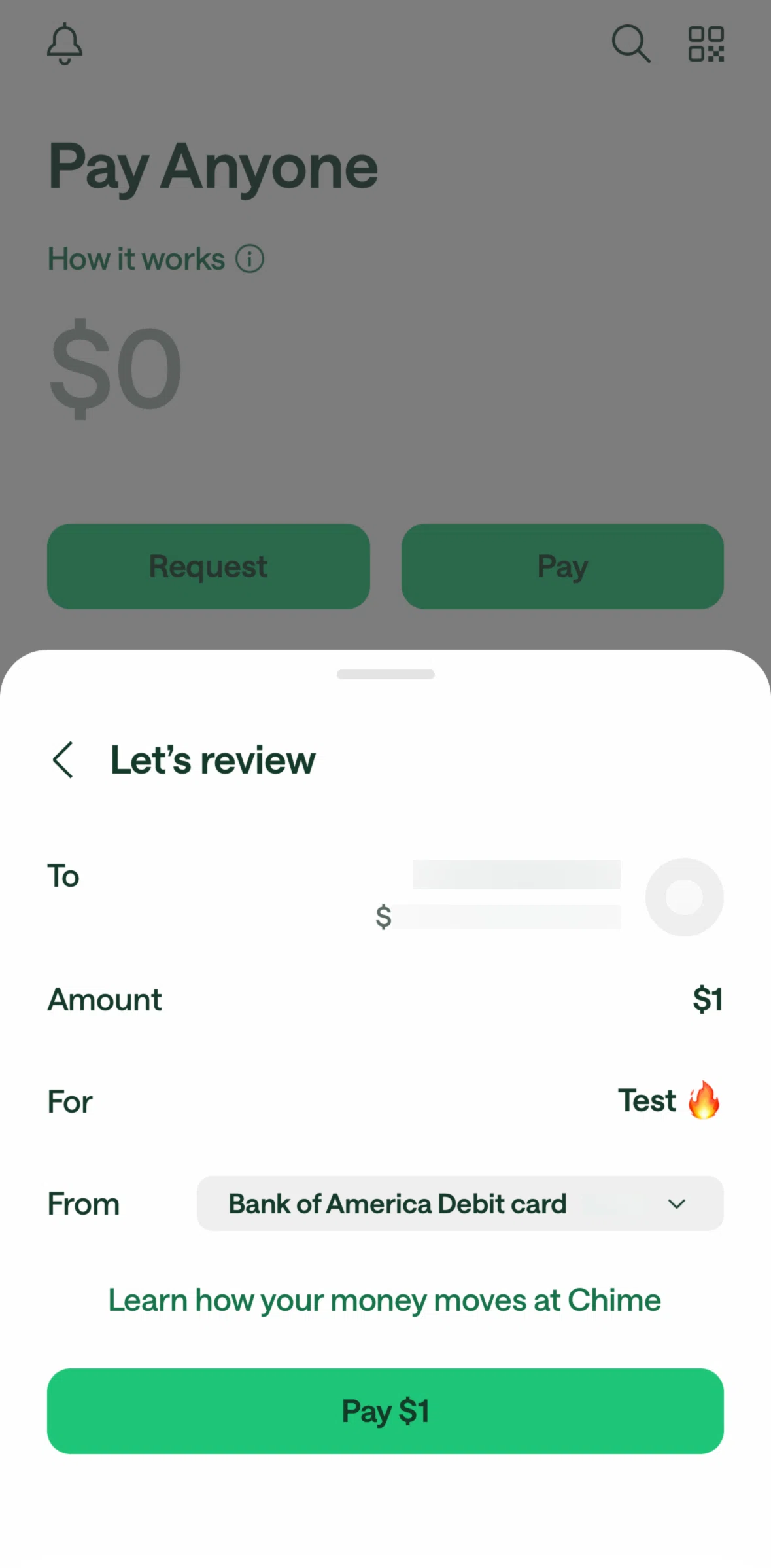 Chime Screen 1 screen in the Changing a payment method flow