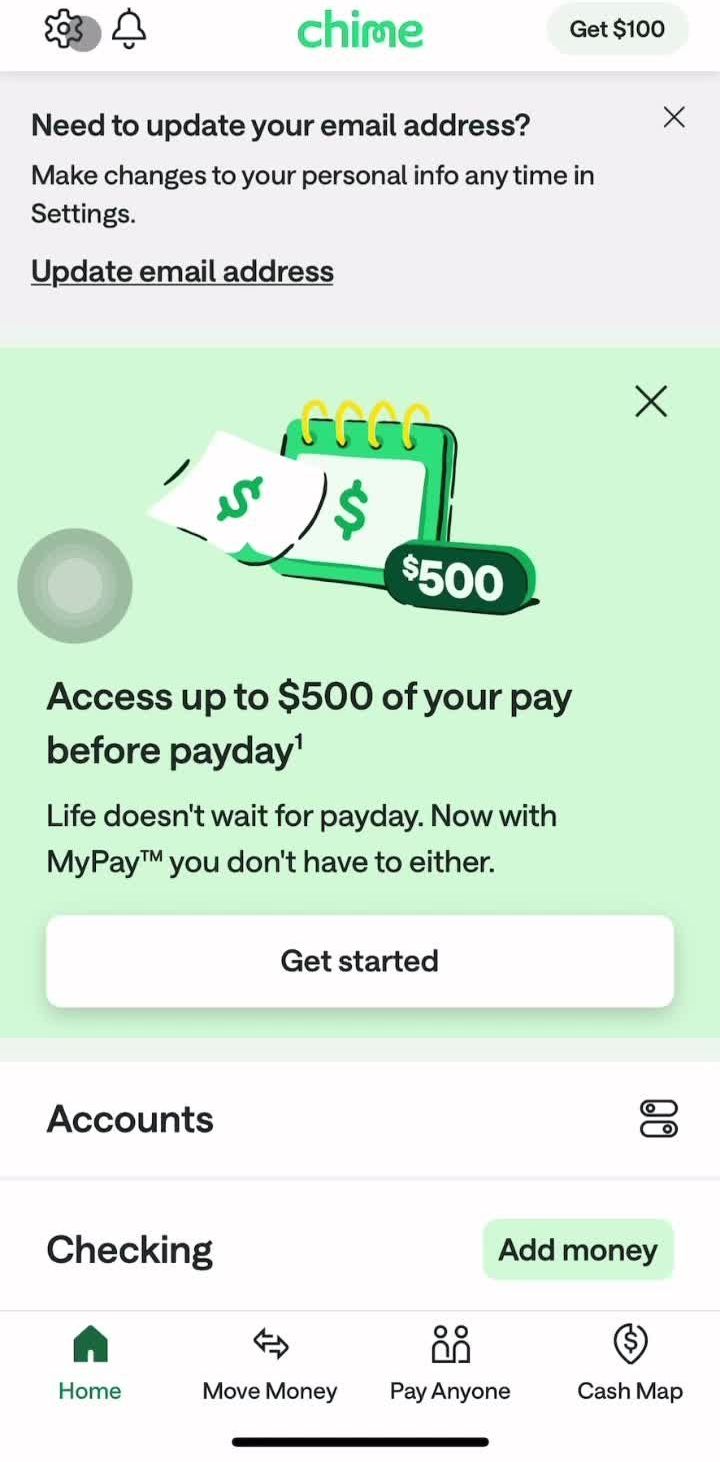 Chime Home screen in the Changing Password flow