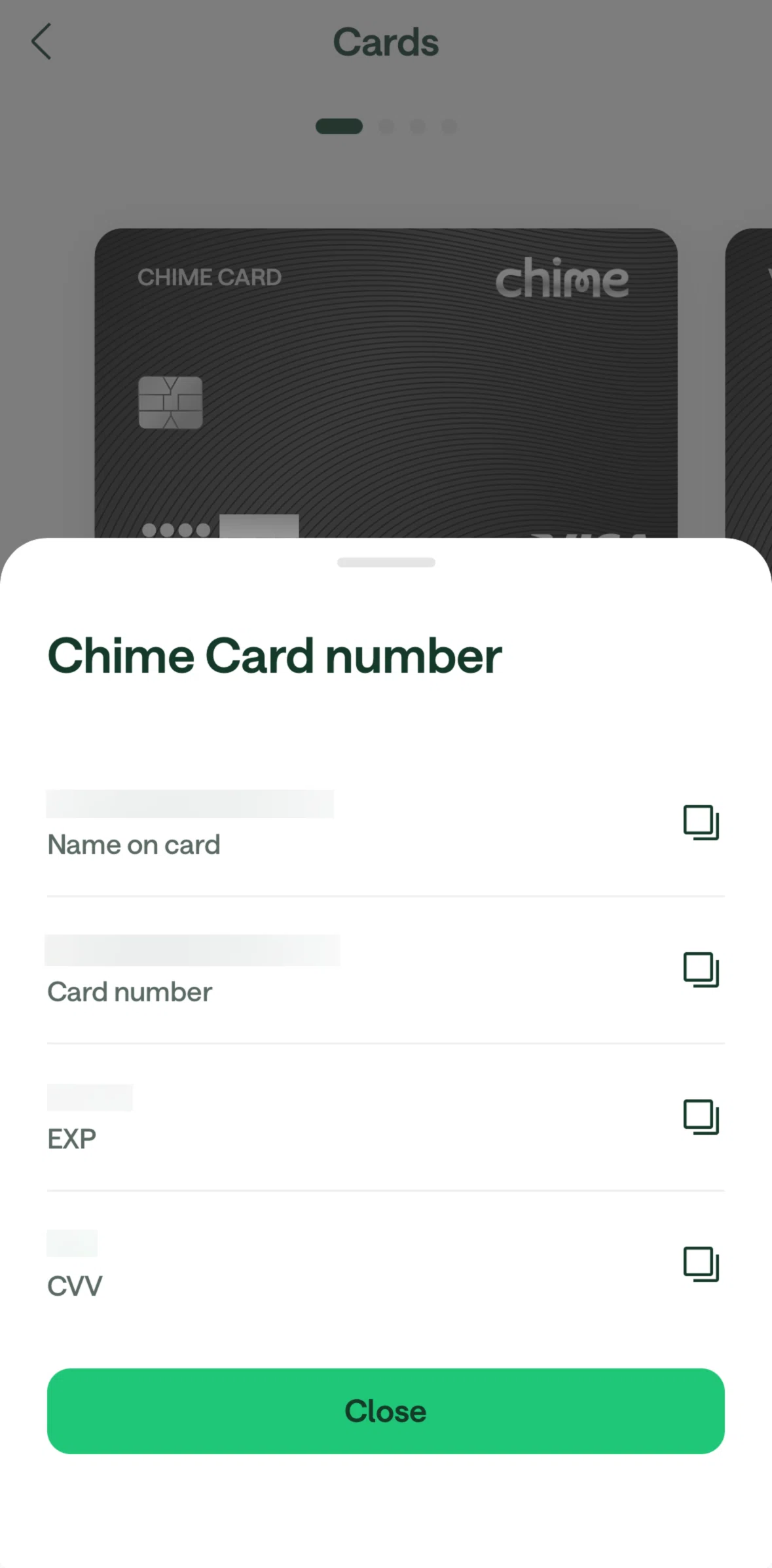 Chime Screen 1 screen in the Copying a card number flow