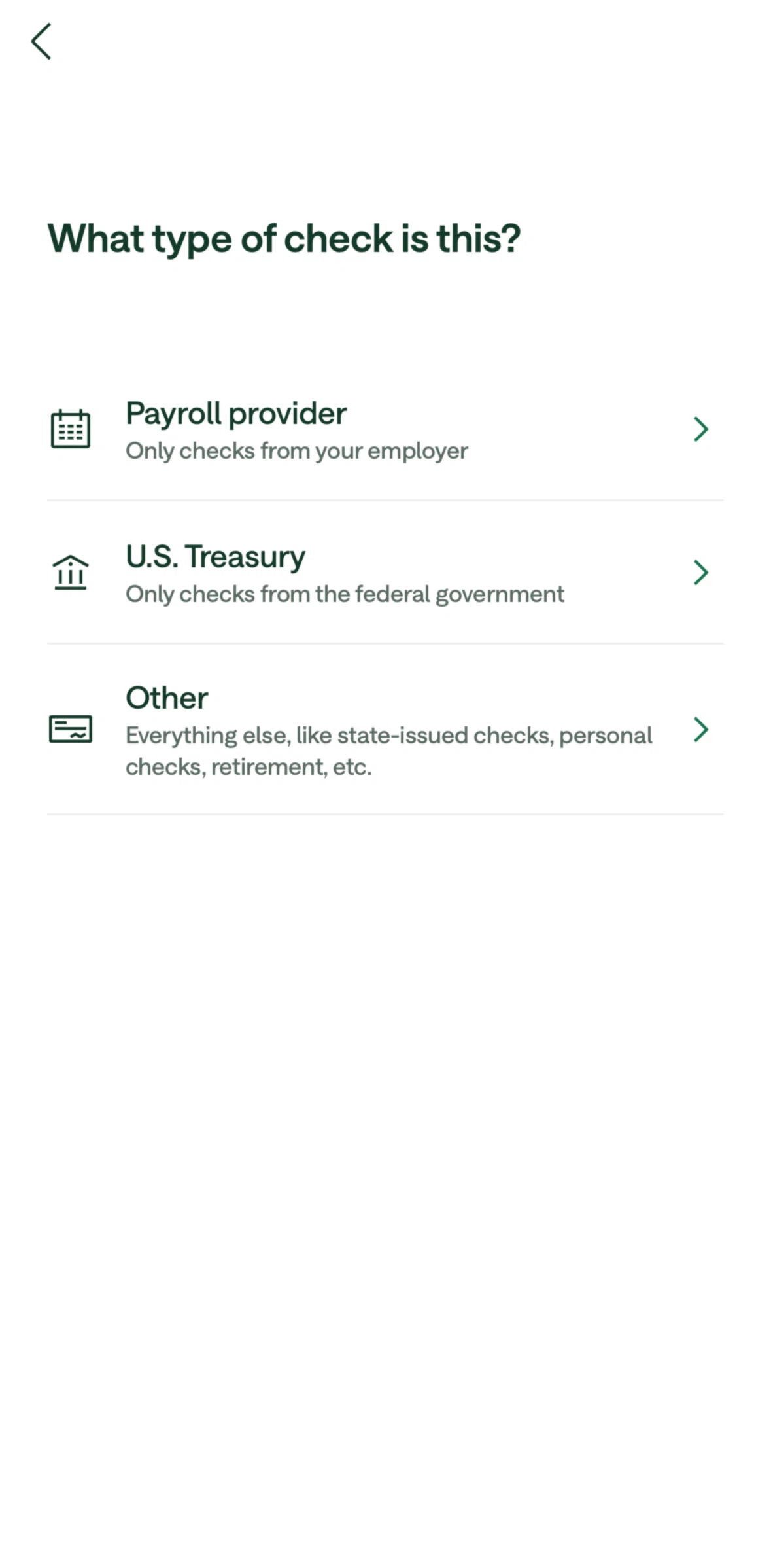 Chime Screen 1 screen in the Deposit a check (payroll provider) flow