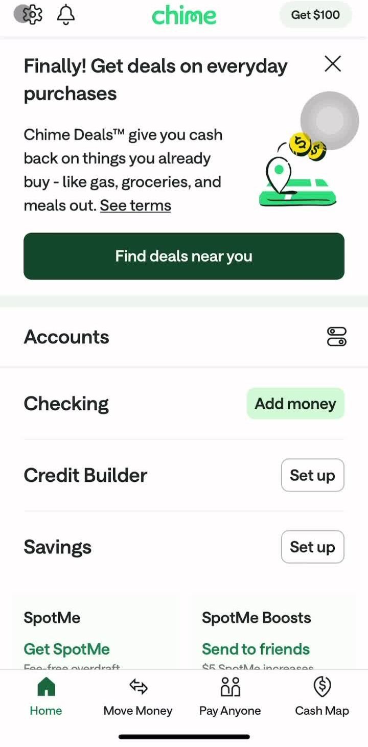 Chime Home screen in the Enrolling For Credit Builder flow