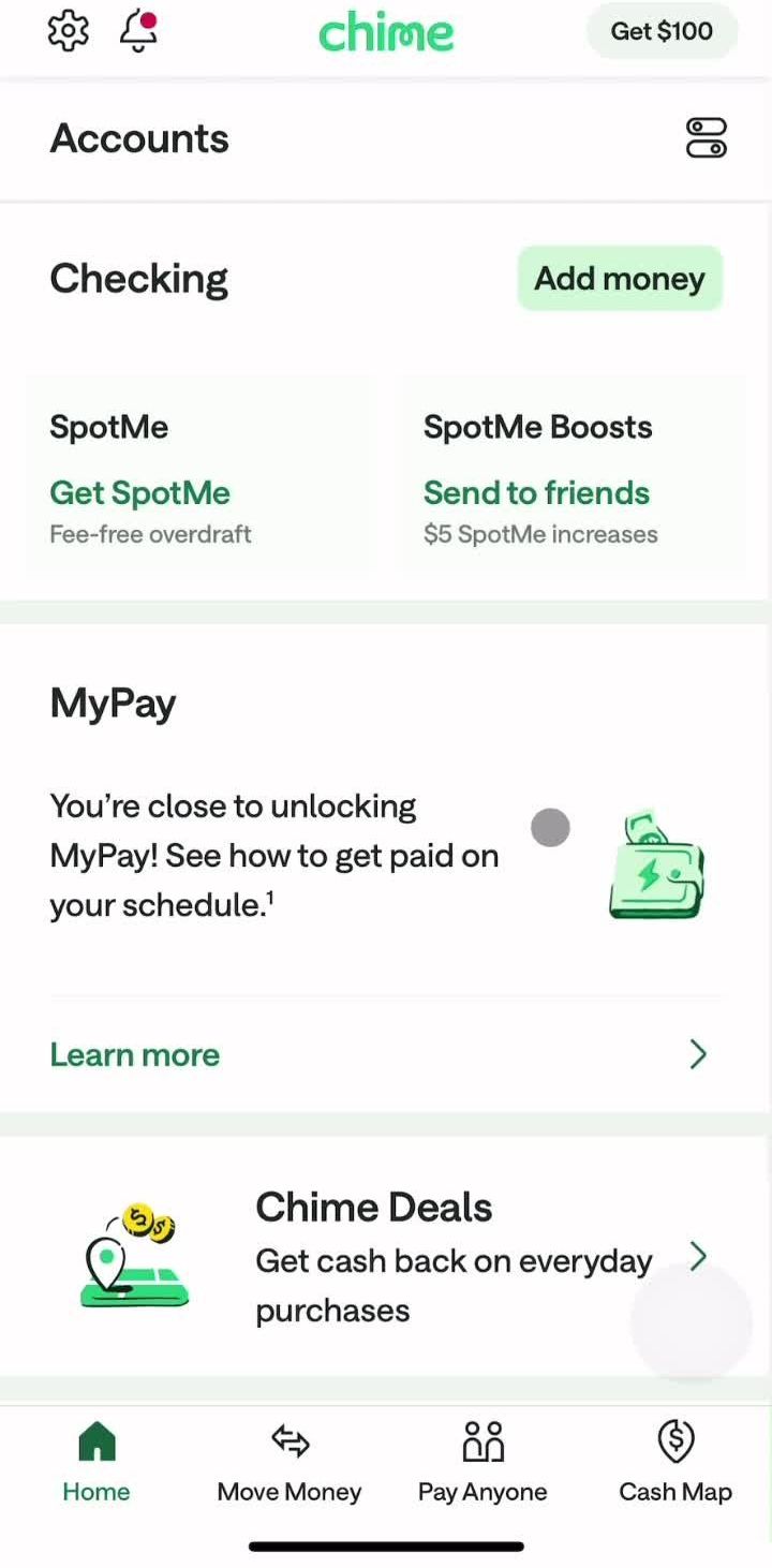 Chime Home screen in the General Browsing flow