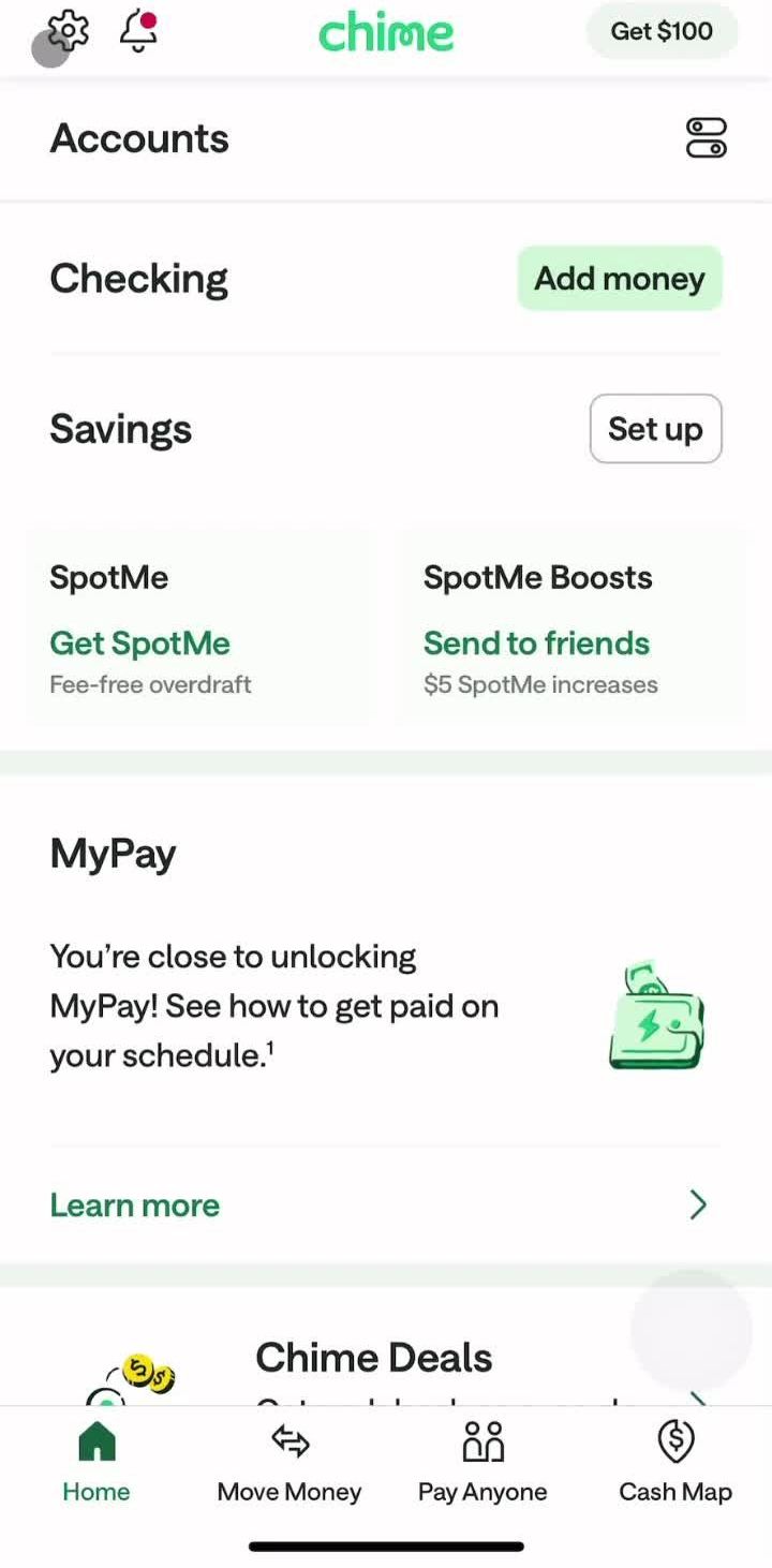 Chime Home screen in the Help Center flow