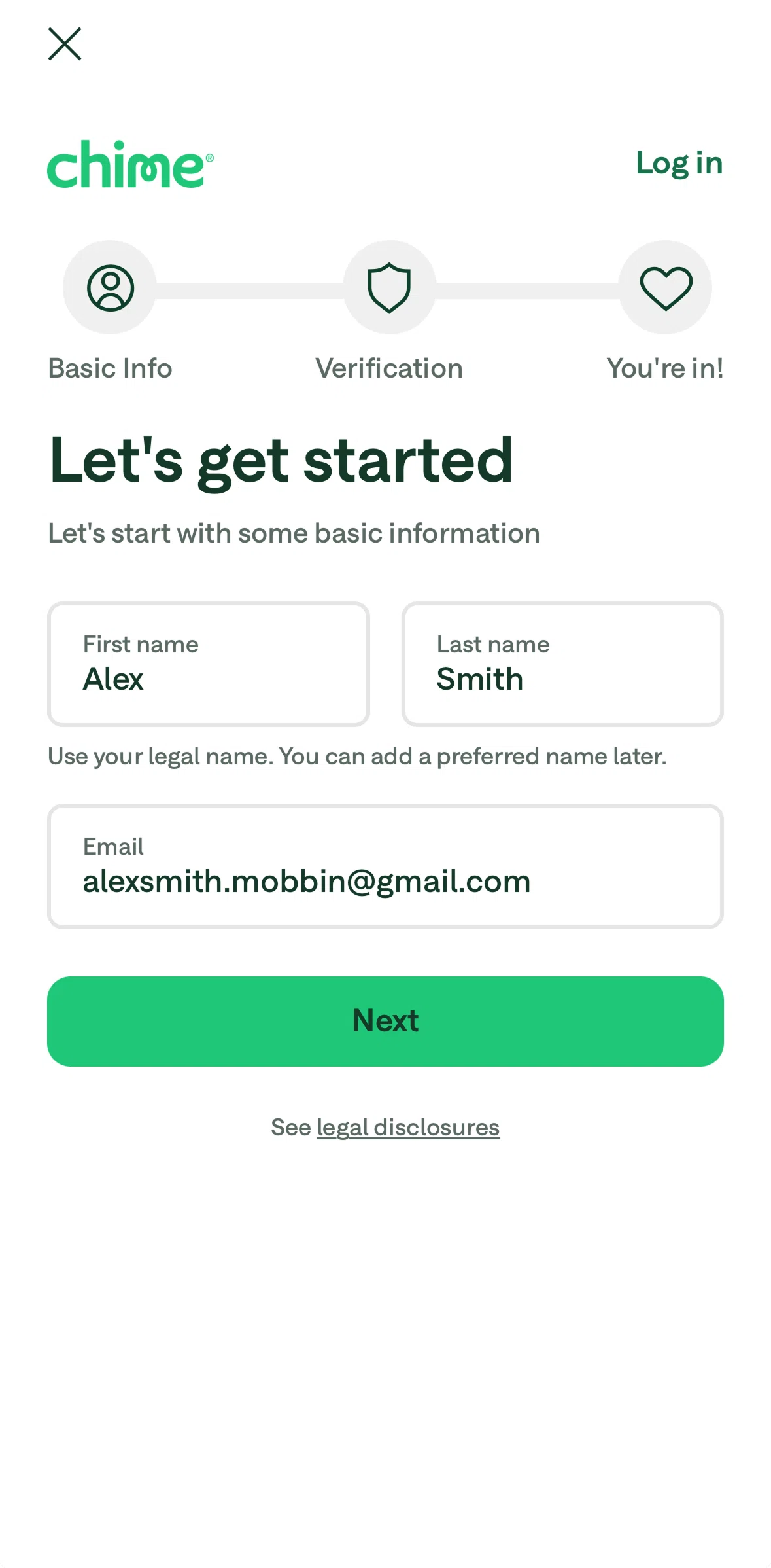 Chime Screen 1 screen in the Legal disclosures flow