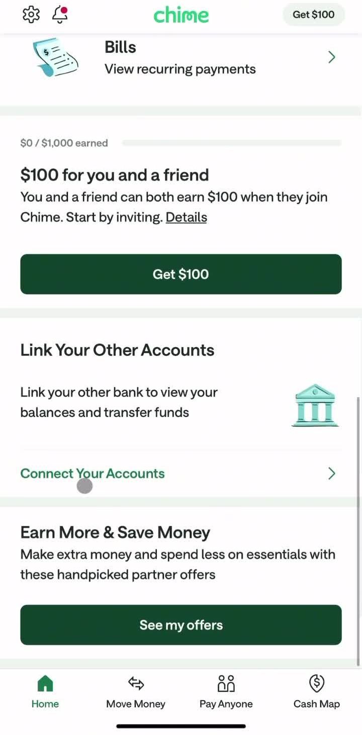 Chime Home screen in the Linking A Bank Account flow