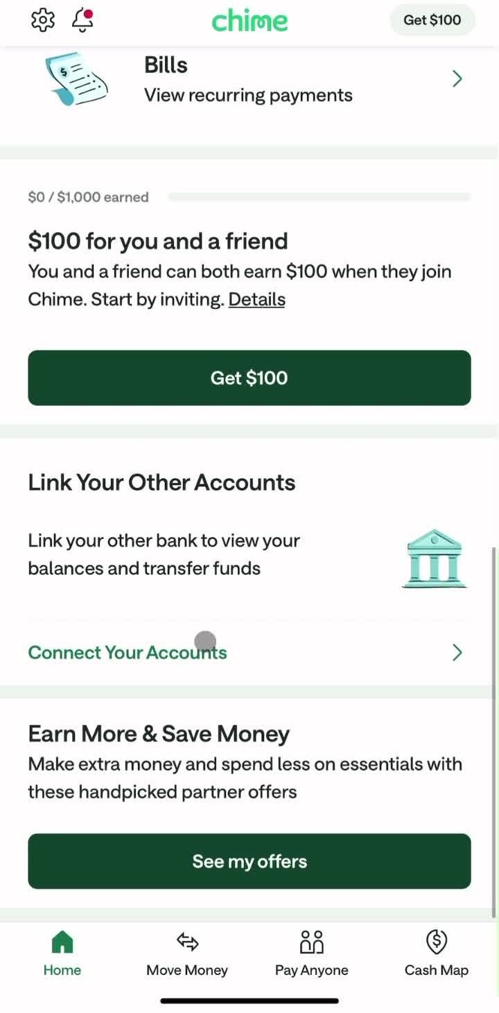 Chime Home screen in the Linking A Debit Card flow
