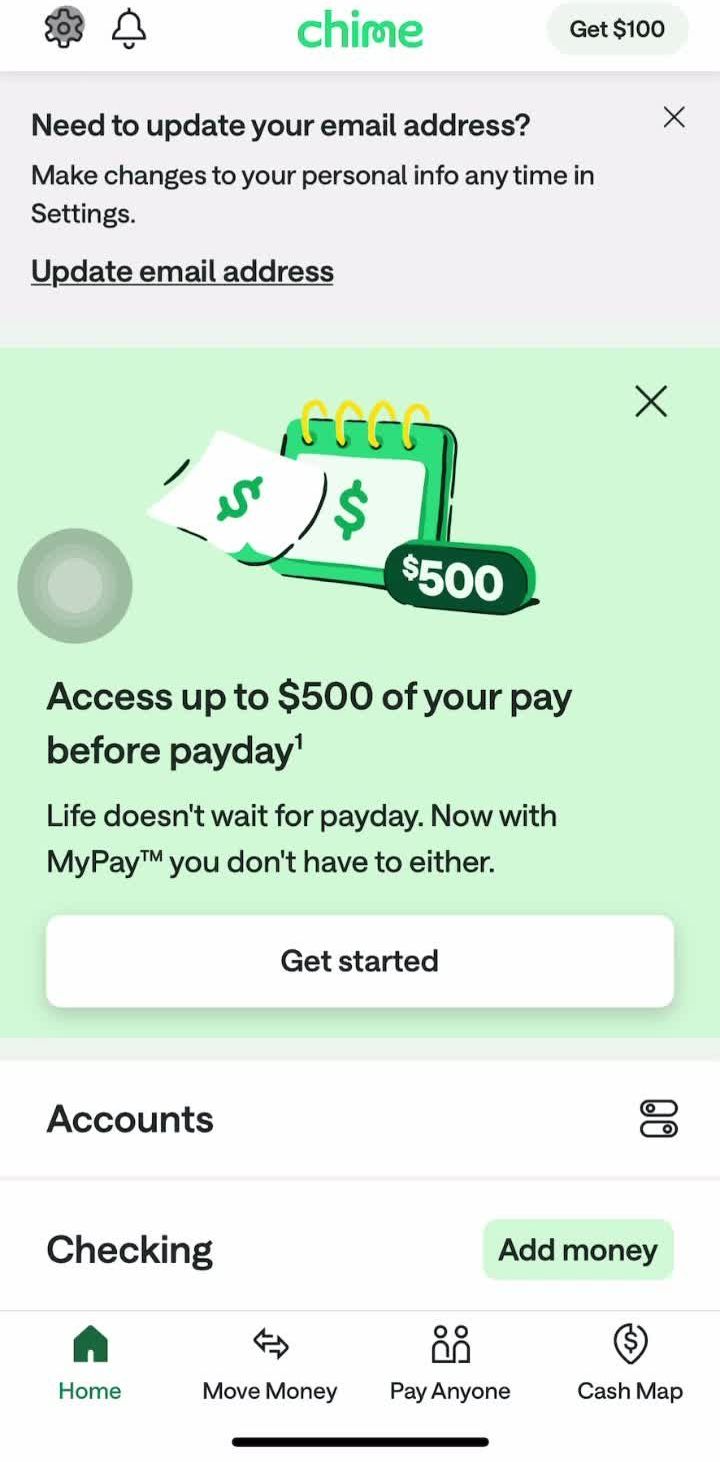 Chime Home screen in the Logging Out flow
