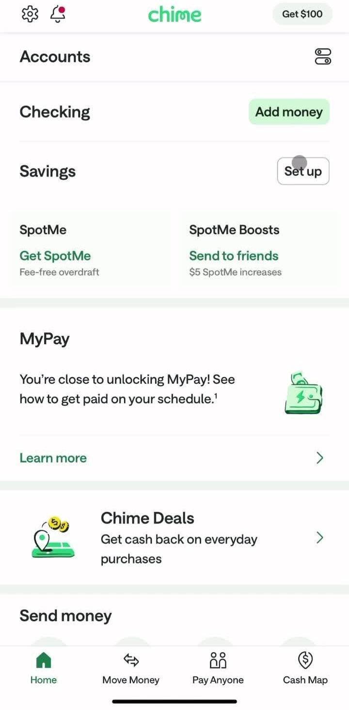 Chime Home screen in the Opening A Savings Account flow