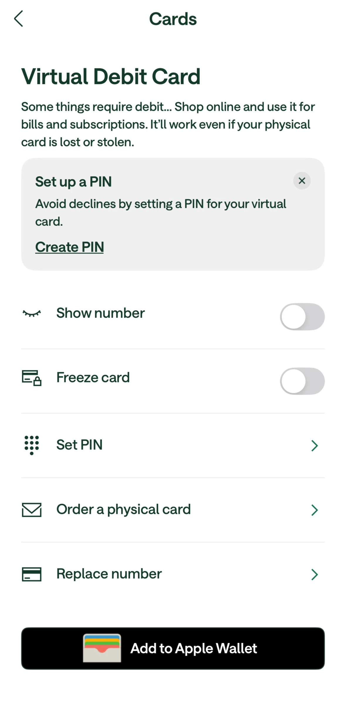 Chime Screen 1 screen in the Ordering a physical card flow