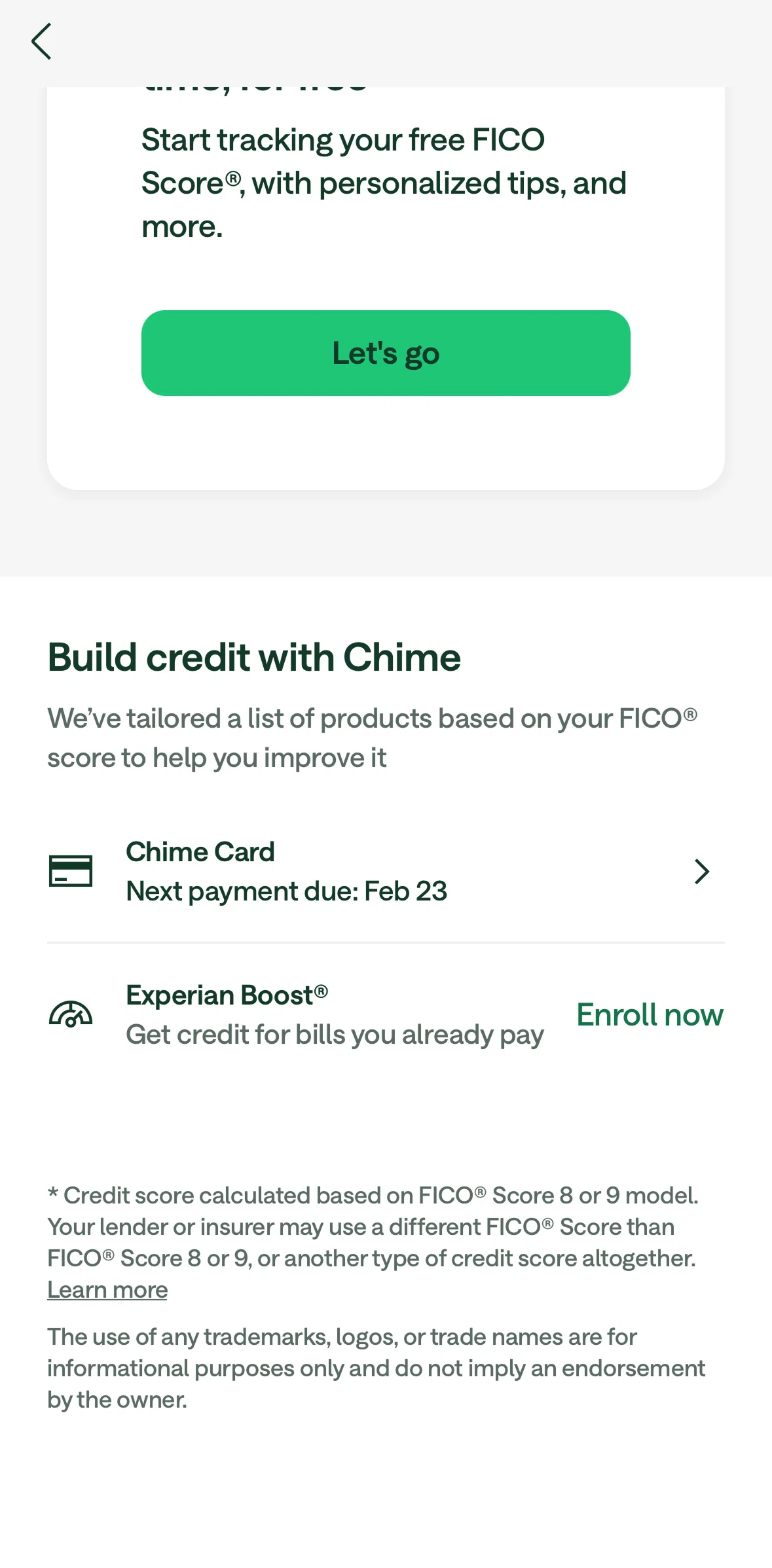 Chime Screen 1 screen in the Registering to Experian Boost flow