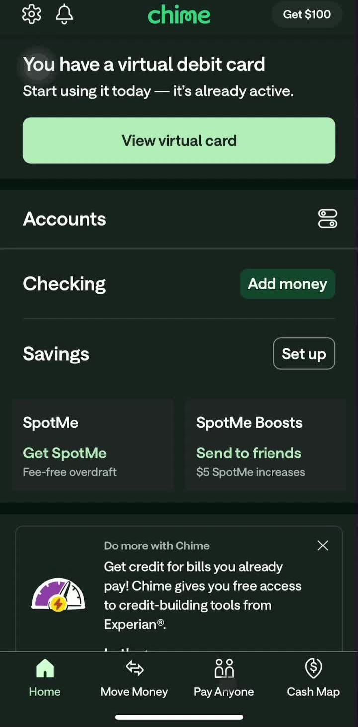 Chime Home screen in the Requesting Money flow
