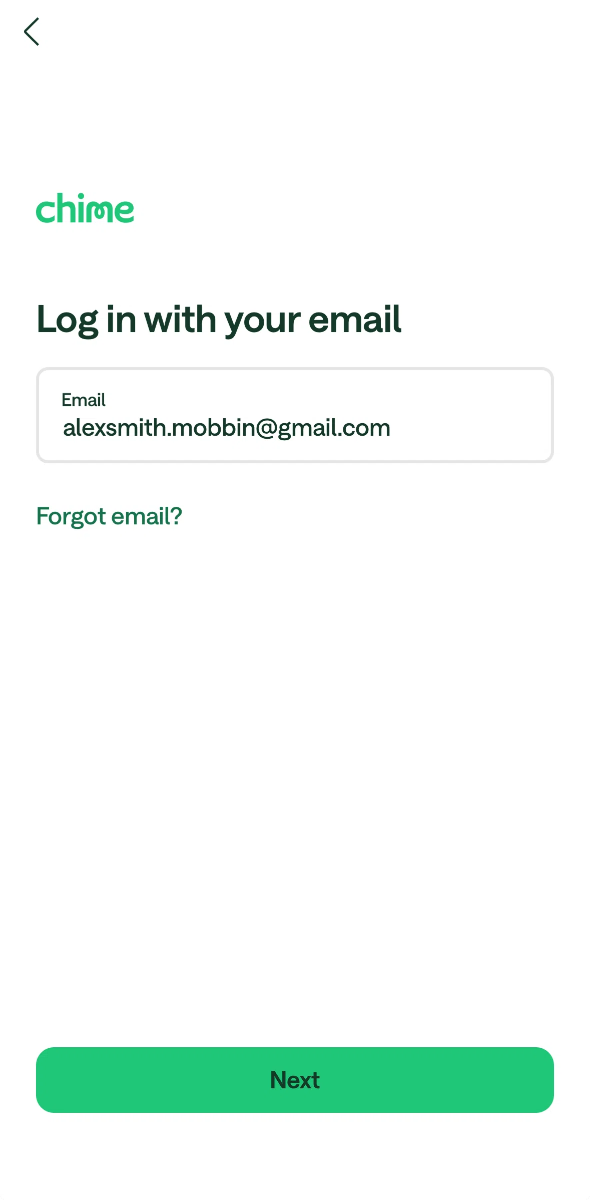 Chime Screen 1 screen in the Reset email address flow