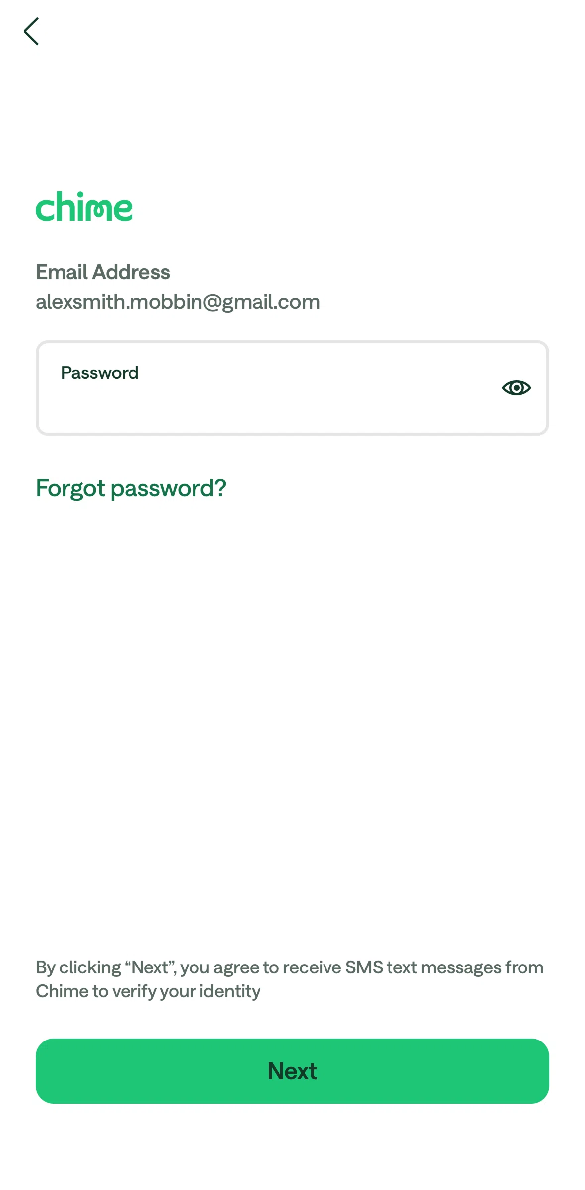 Chime Screen 1 screen in the Reset password flow
