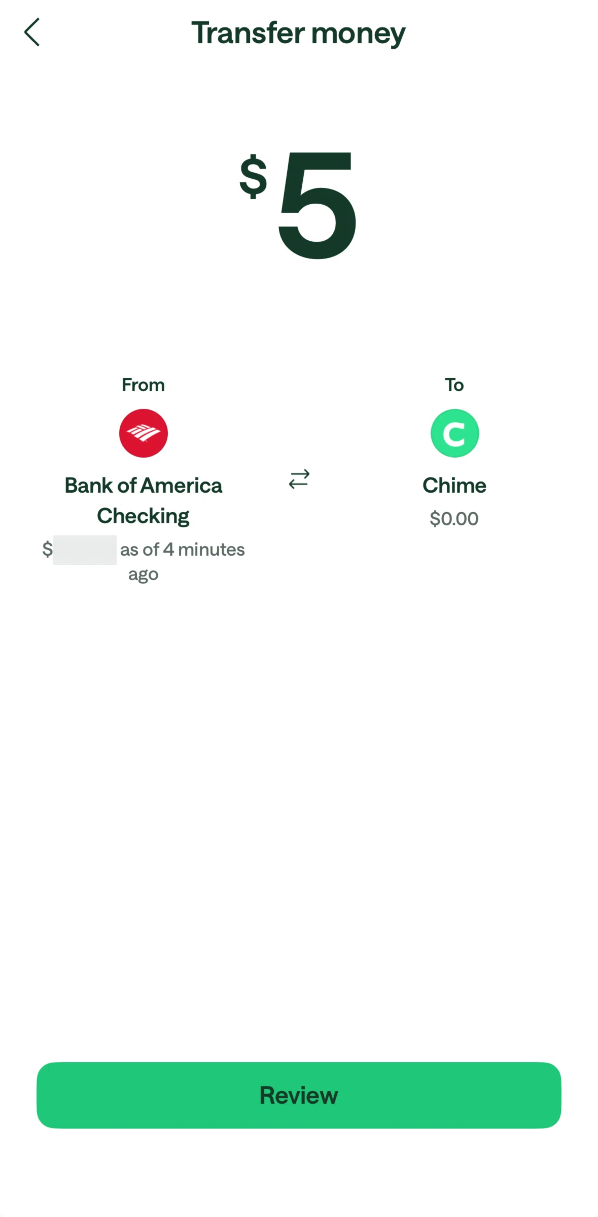 Chime Screen 1 screen in the Scheduling a bank transfer flow