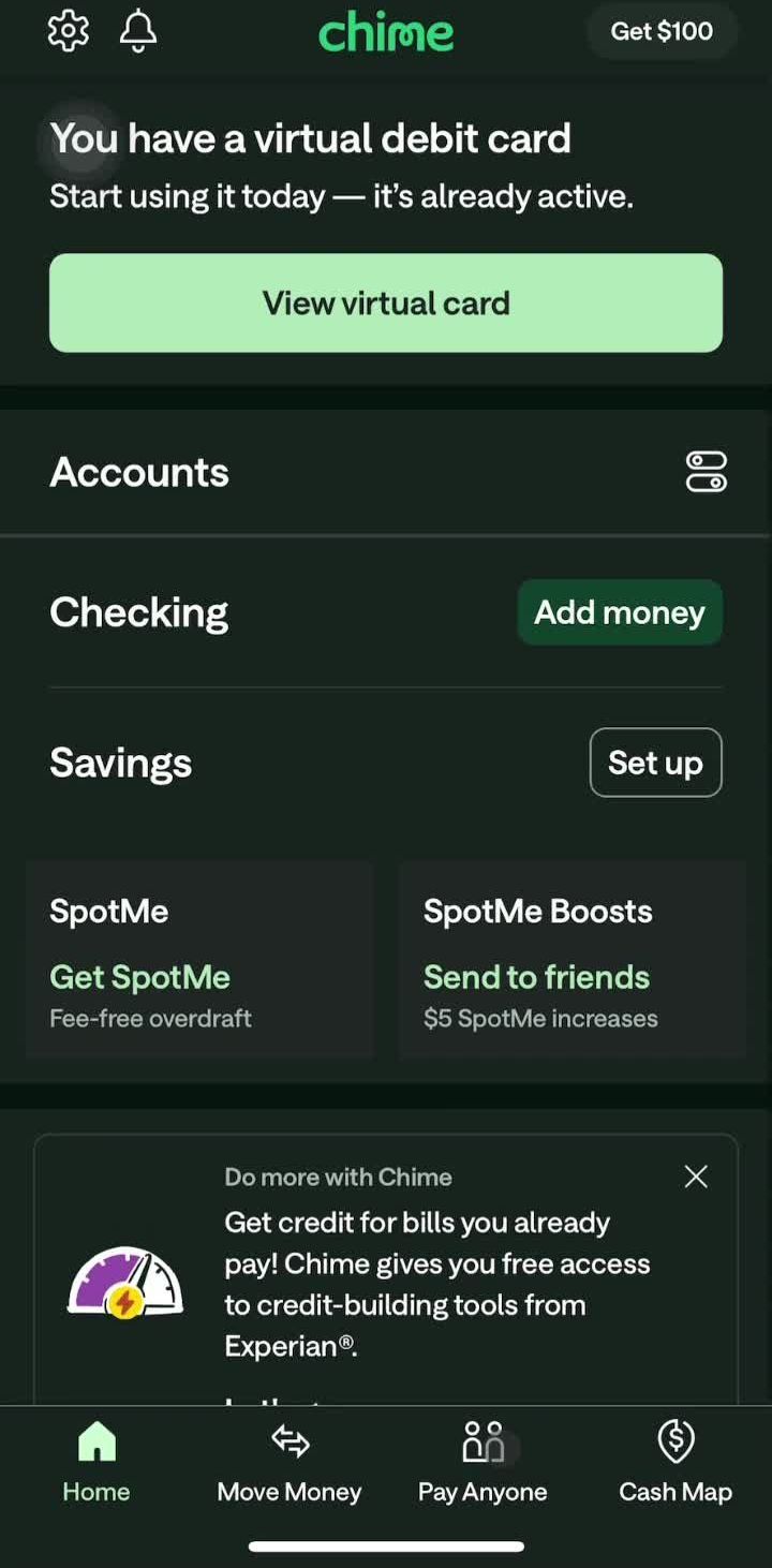 Chime Home screen in the Searching flow